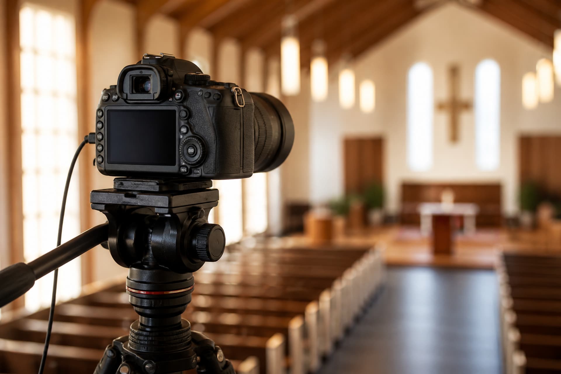 A camera on a tripod standing at the back of an empty chapel, framed toward the lectern at the front