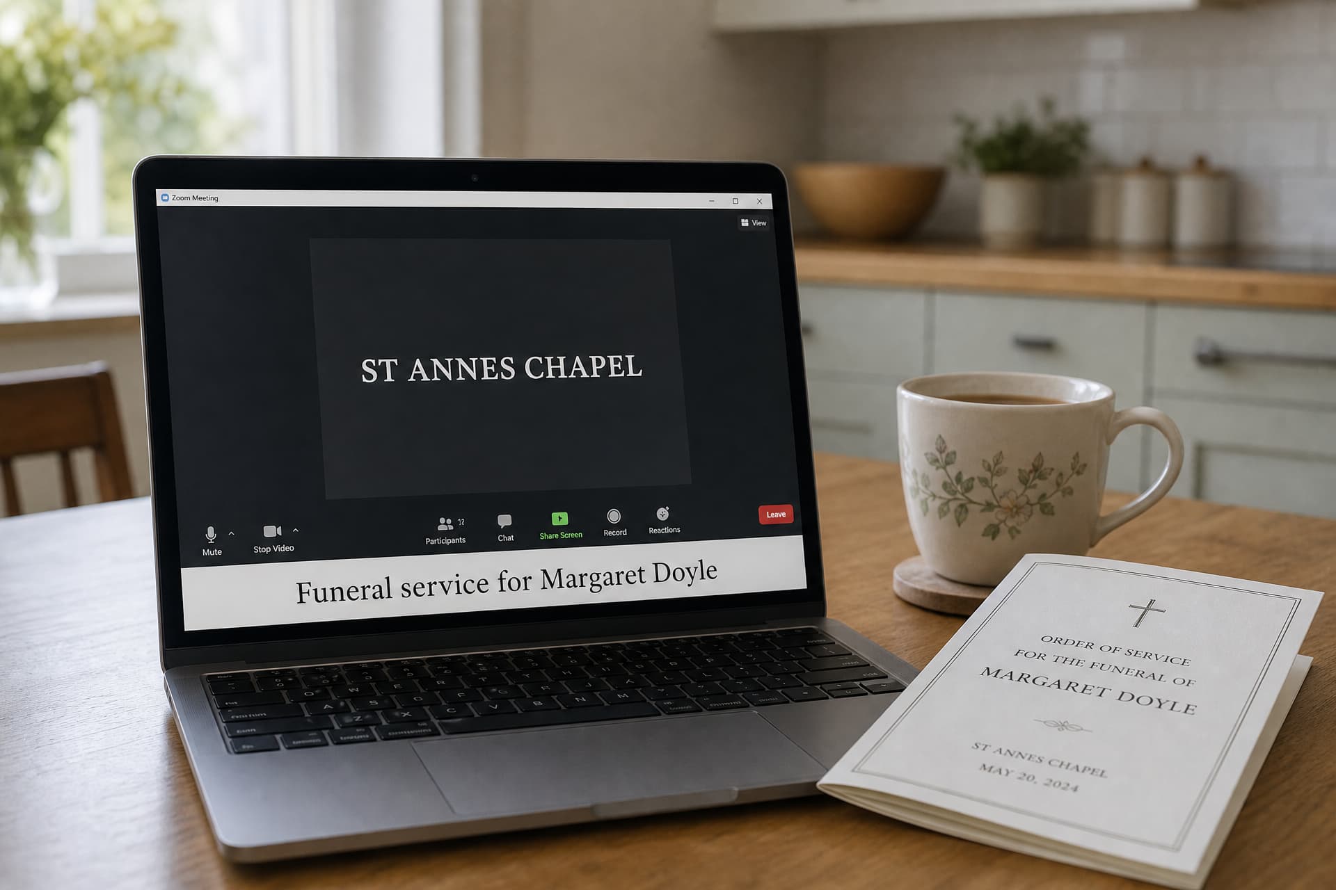 A laptop showing a video-call window captioned "Funeral service for Margaret Doyle", a cup of tea and a folded order of service beside it