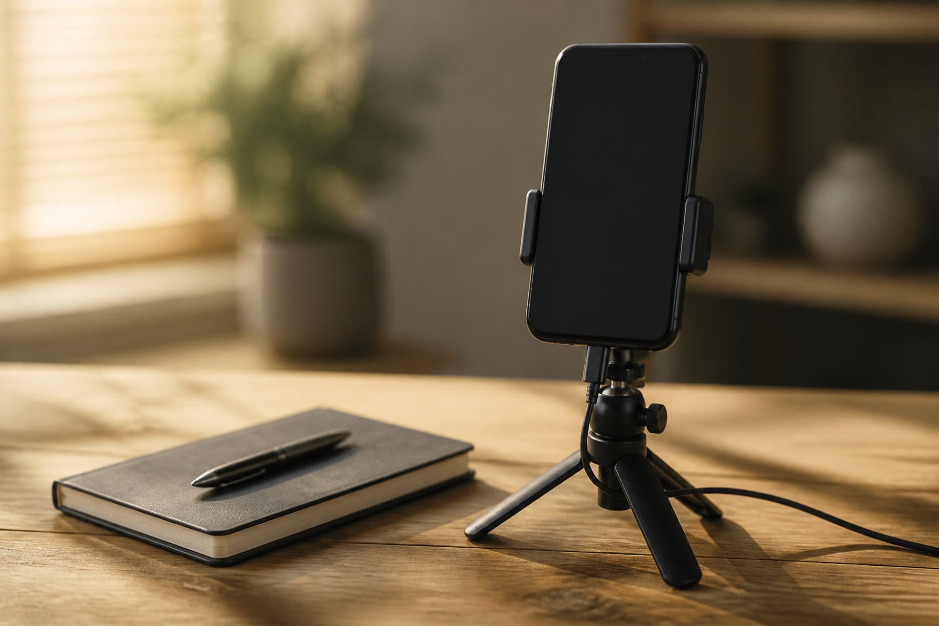 A phone mounted on a small tripod on a table, its screen showing a dark room, beside a notebook and a pen