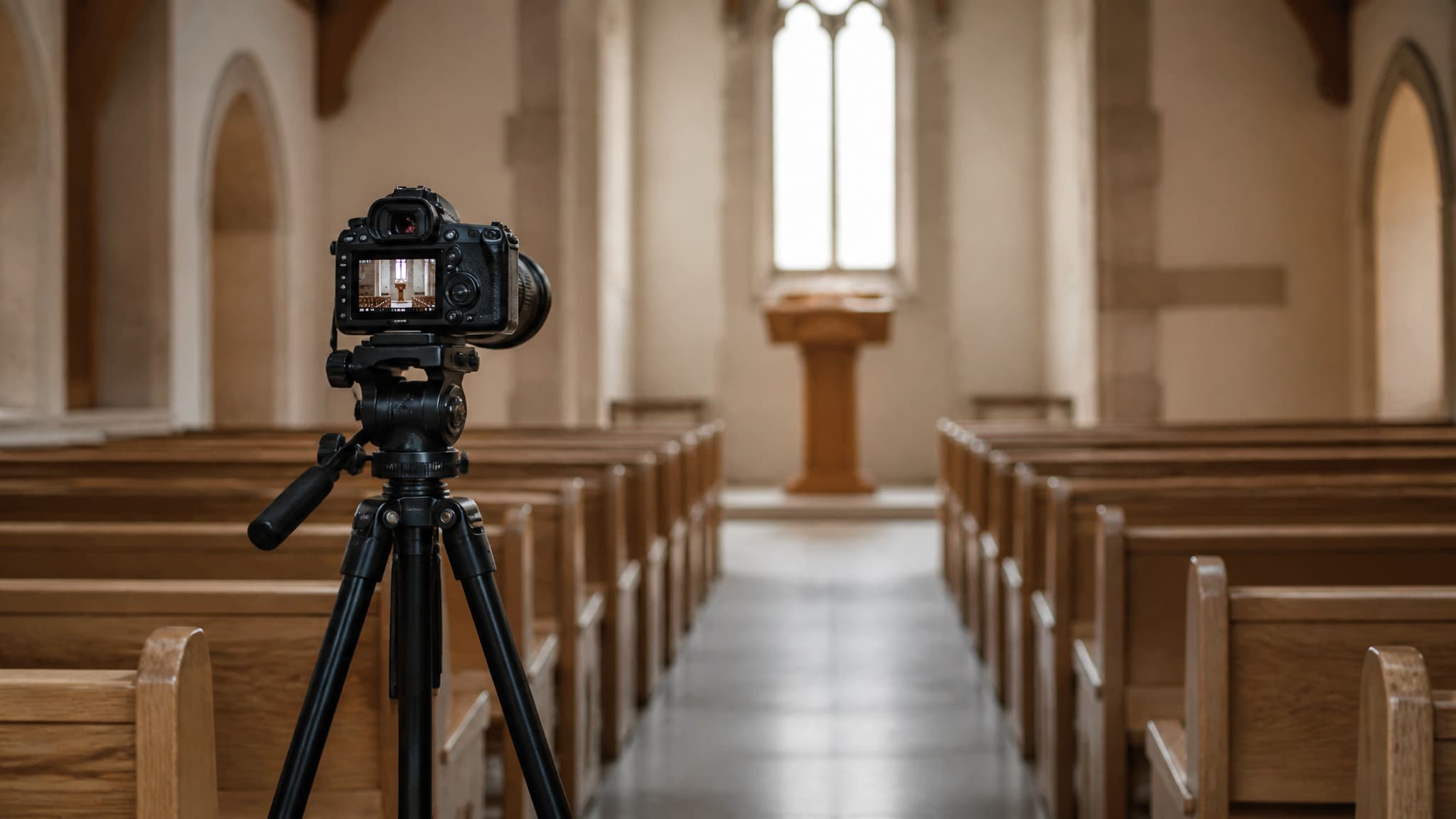 A tripod-mounted camera standing at the back of an empty chapel, pointed toward the front