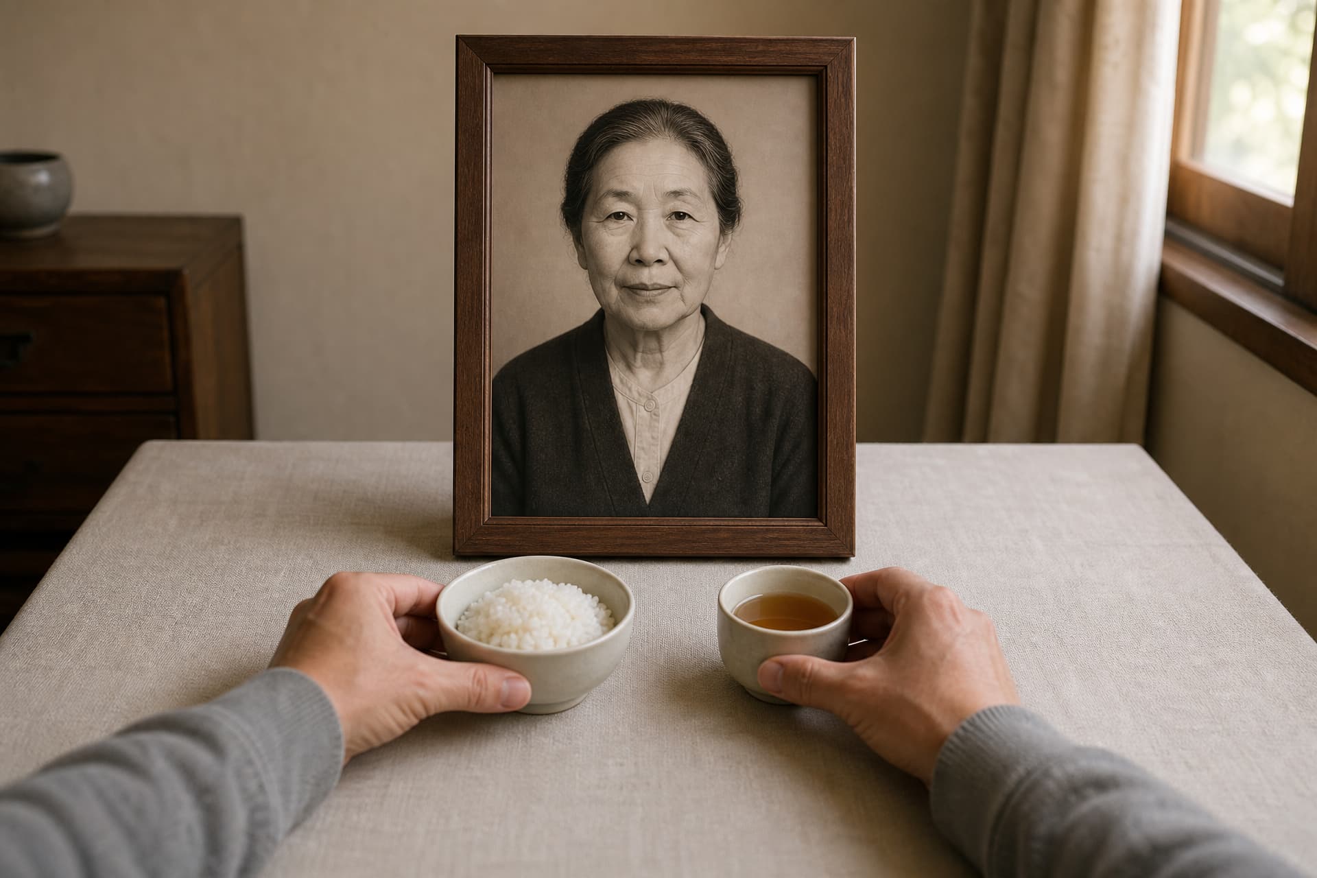 Hands only, placing a small bowl of rice and a cup of tea on a cloth-covered table in front of a framed portrait of an older woman, in daylight