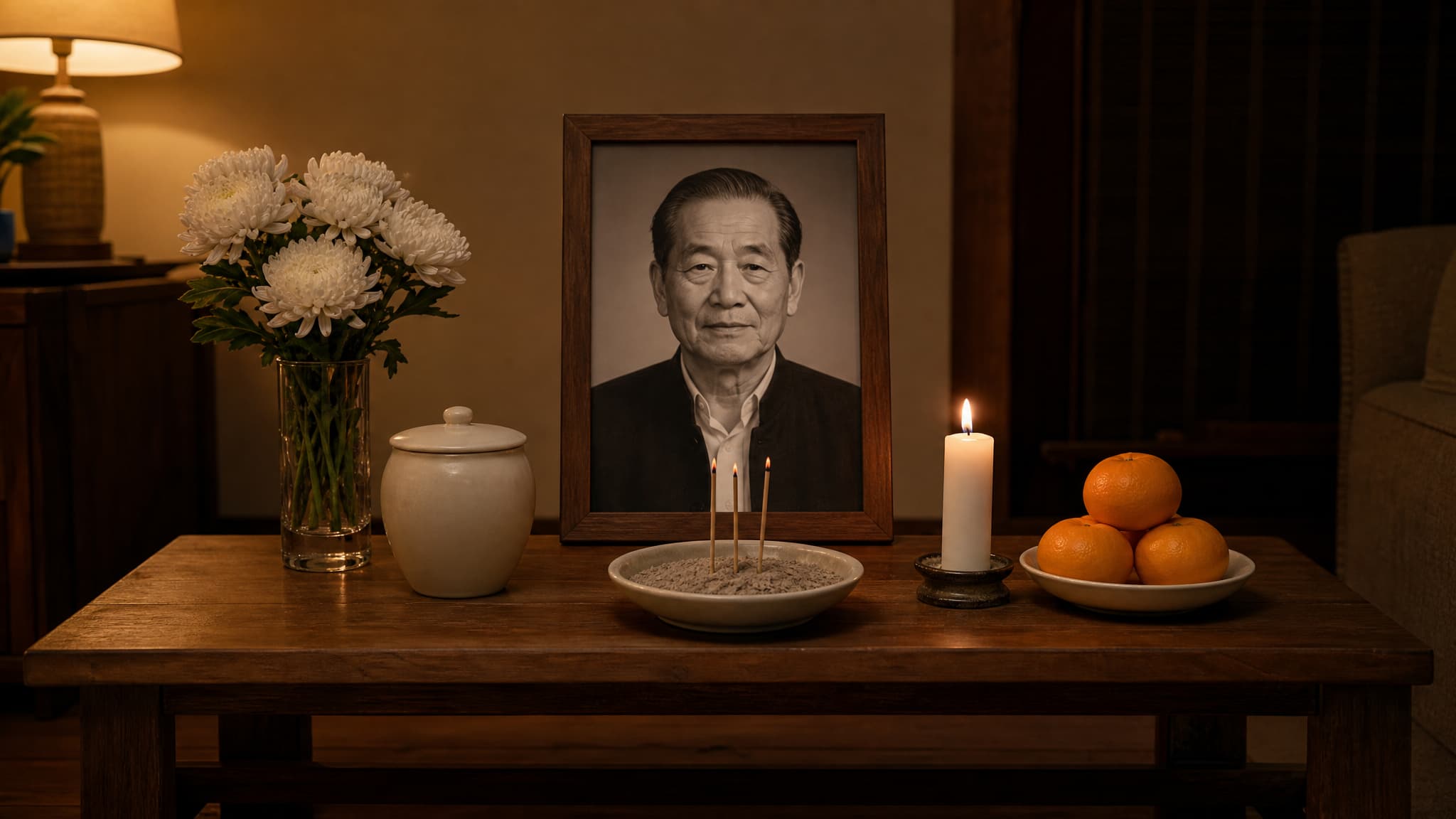 A small temporary home altar at dusk: a framed portrait of an older man facing the room, a pale lidded urn, three sticks of incense in a bowl of ash, a lit candle, oranges and white chrysanthemums