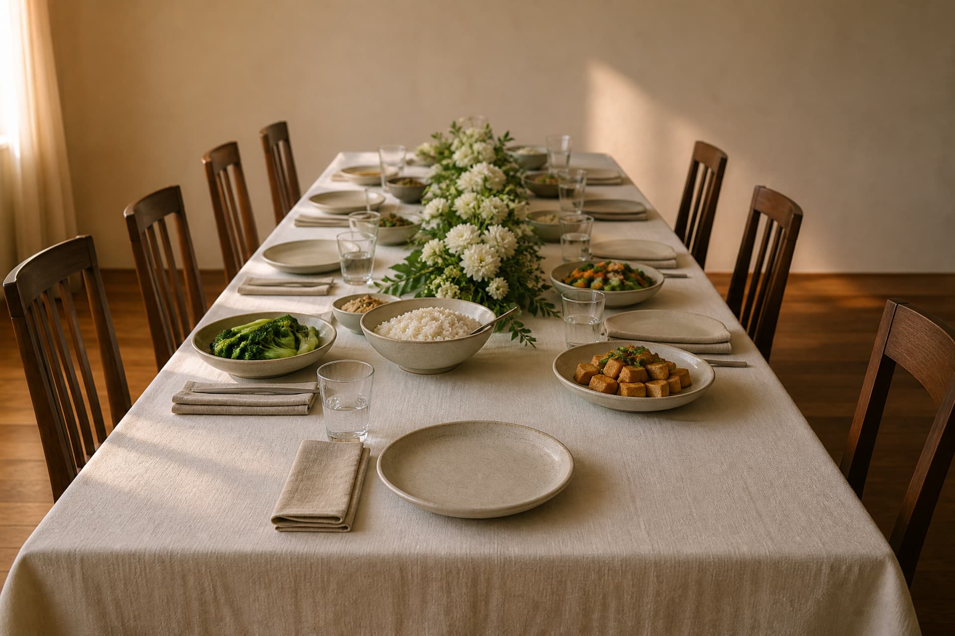 A table laid for a shared vegetarian meal with simple dishes, white flowers and one place setting left empty, no people at the table