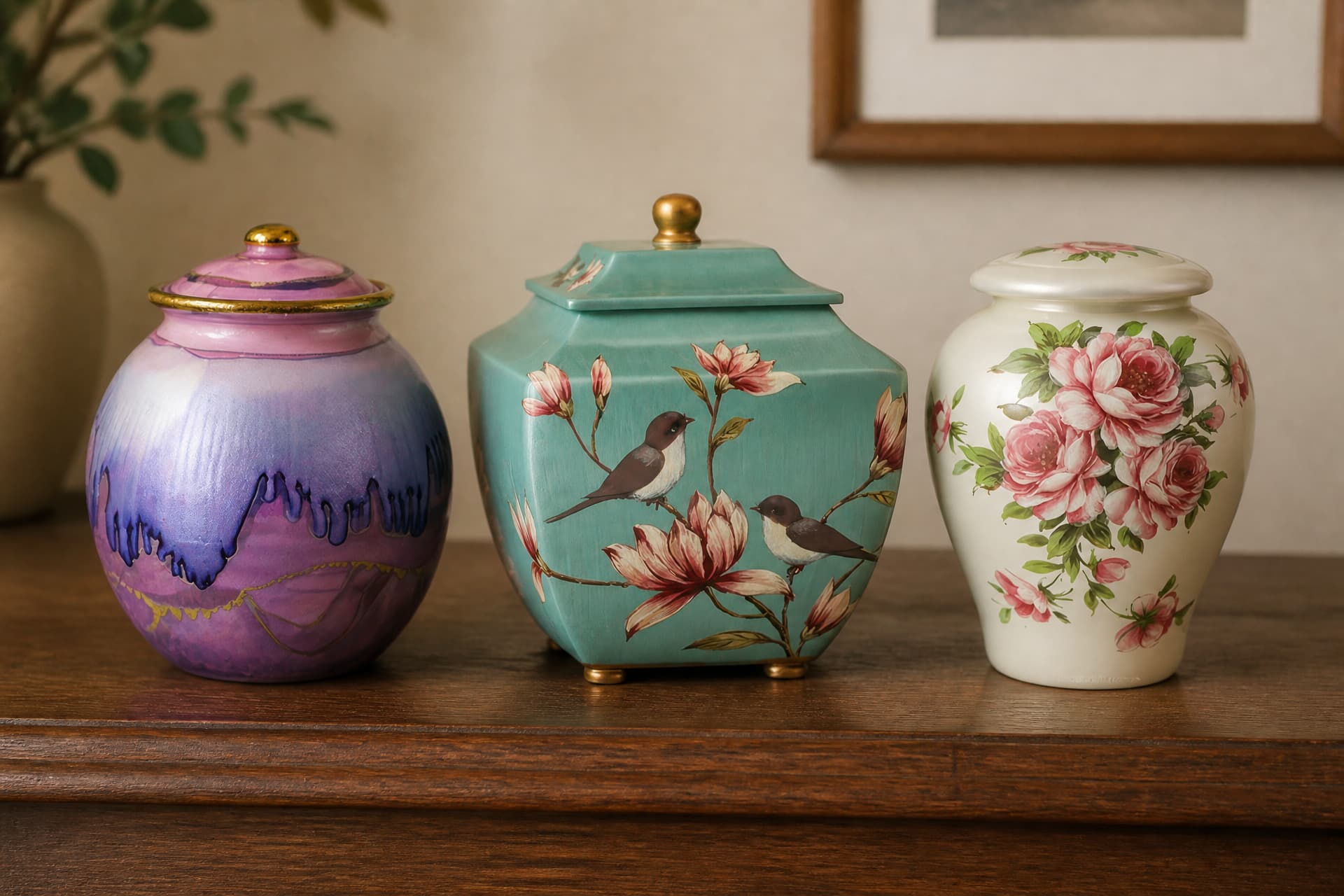 Three glazed ceramic urns on a wooden shelf in warm side light — a round pink and purple luster-glazed one, a teal one painted with magnolia and songbirds, and a cream one with a cluster of pink roses
