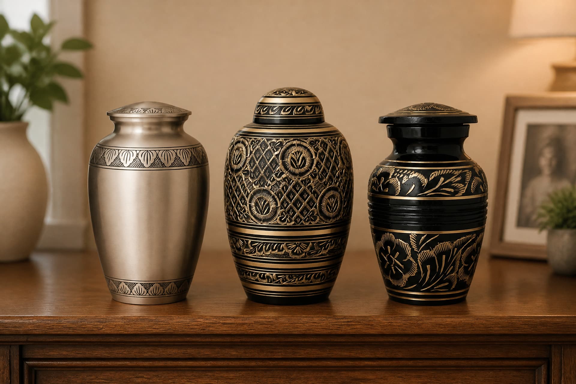 Three keepsake urns grouped on a wooden shelf in a softly lit room — a matte pewter one, a black and gold one, and a black one with gold leaf carving