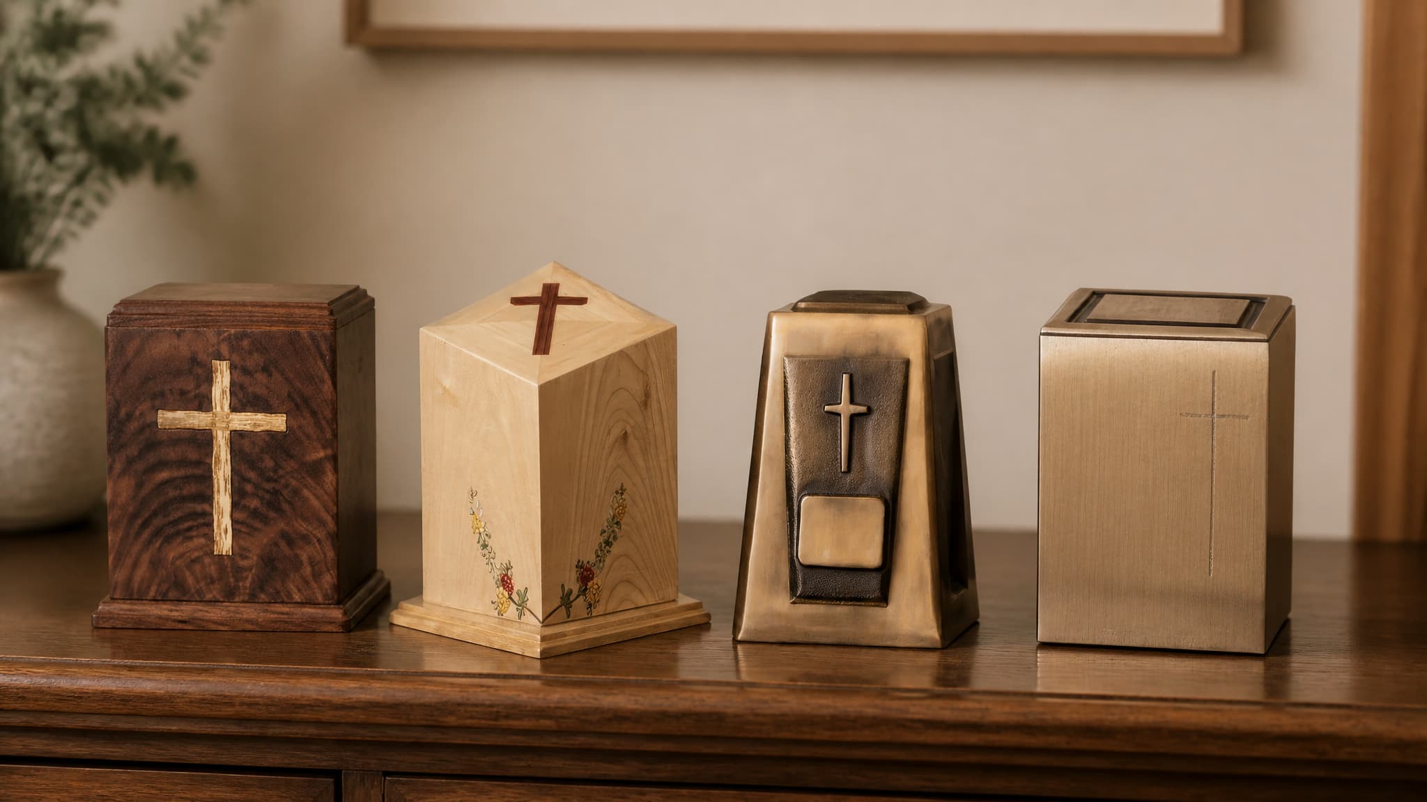 Four cremation urns carrying cross designs, in wood, bronze and brushed metal, standing in a row on a sideboard in a warmly lit home