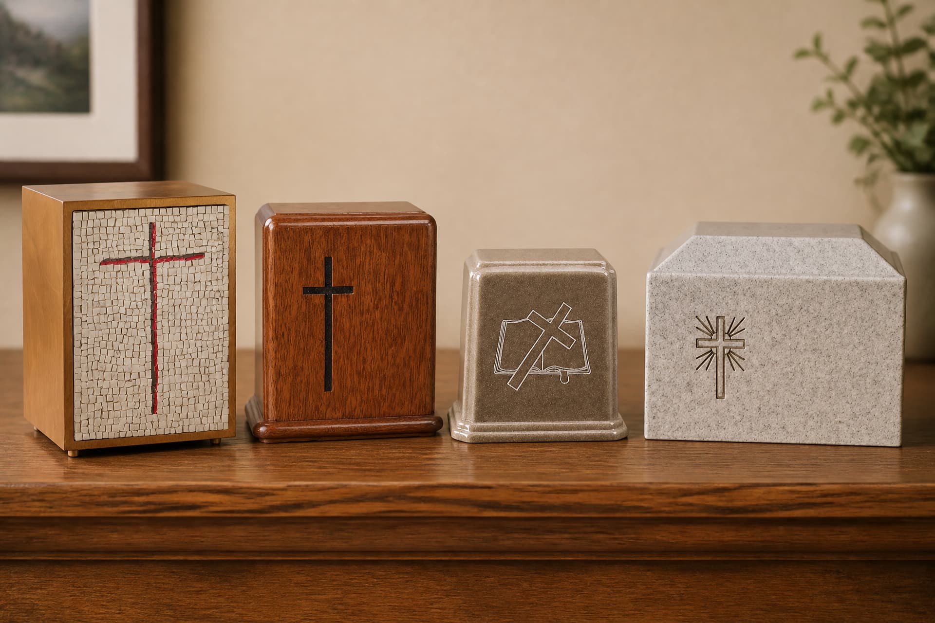 Four cremation urns with cross designs standing in a row on a wooden sideboard in a warmly lit living room
