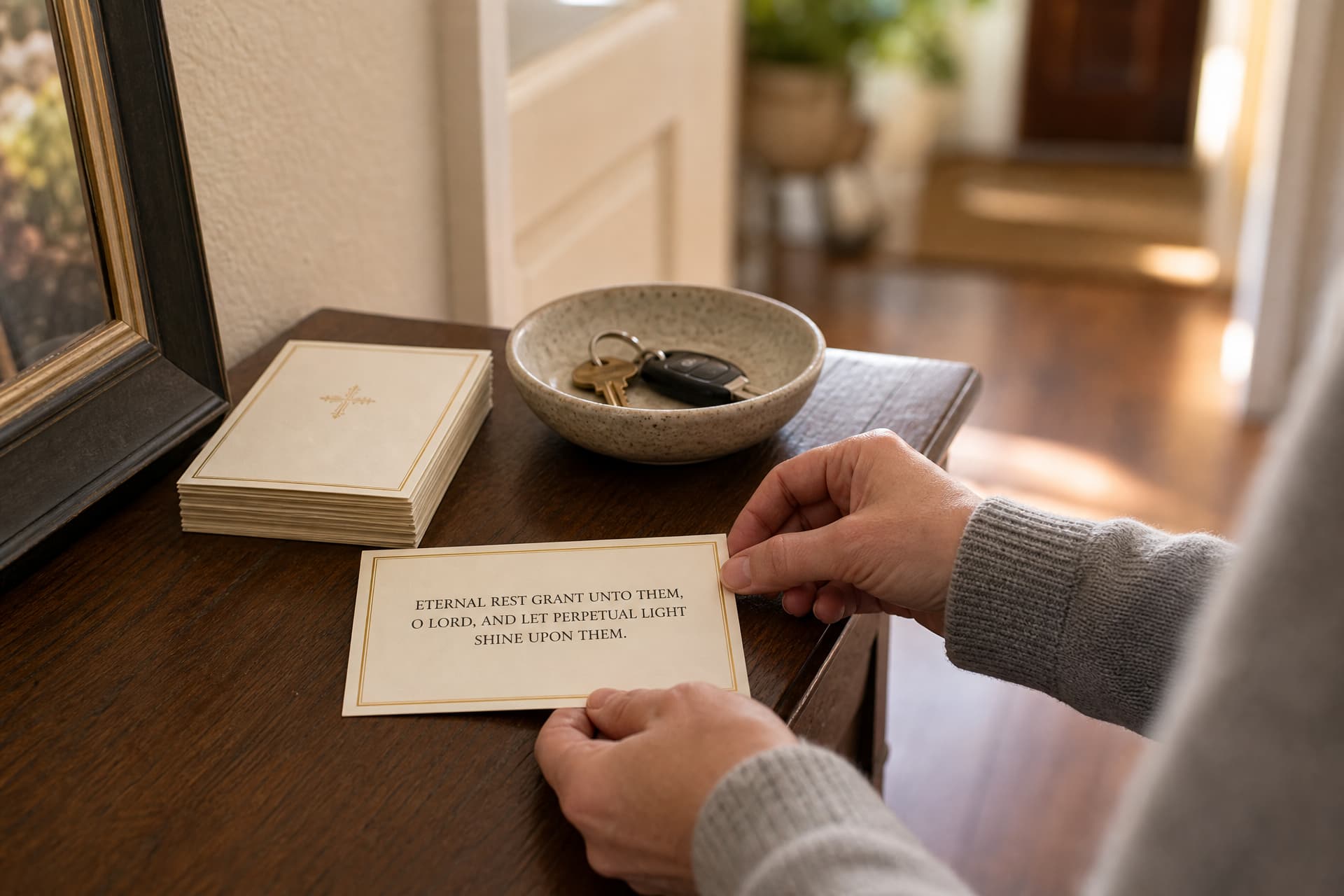 Hands setting a memorial prayer card printed with the Eternal Rest prayer face up on a hall table, beside a stack of matching cards and a bowl of keys