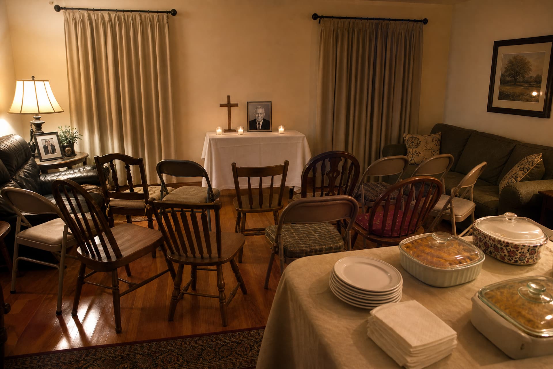 A living room set up for an evening of prayer, with ten mismatched chairs facing a cloth-covered side table holding candles, a cross and a framed photograph, and covered dishes waiting on a table nearby