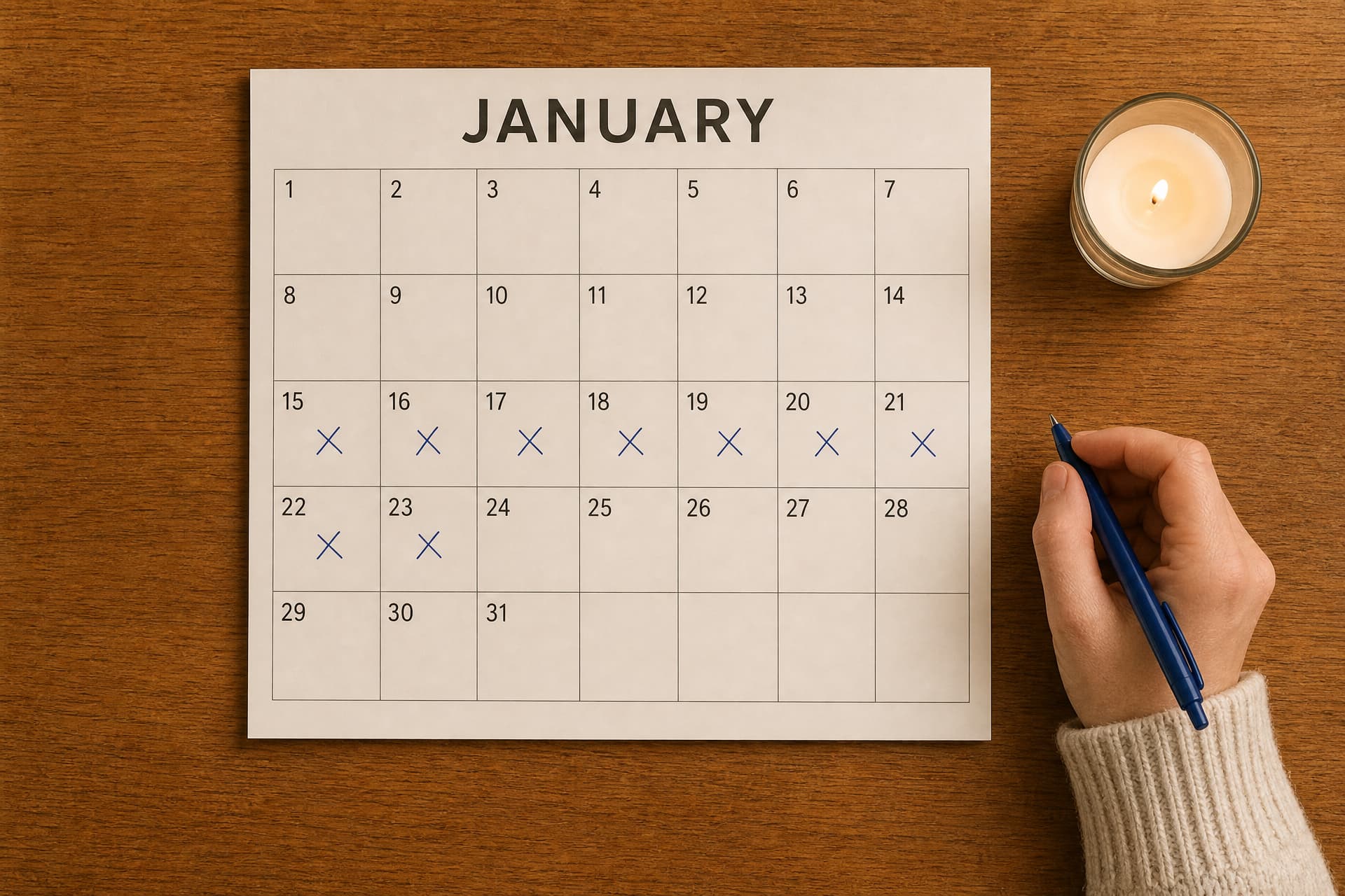 A paper calendar on a wooden table with nine consecutive days marked in ink, a hand resting beside it with a pen and a lit candle burning nearby