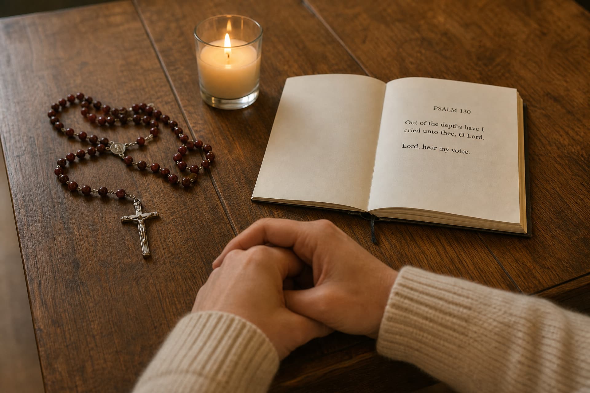 A rosary and an open prayer booklet on a wooden table beside a lit candle, with a pair of folded hands resting at the edge of the table