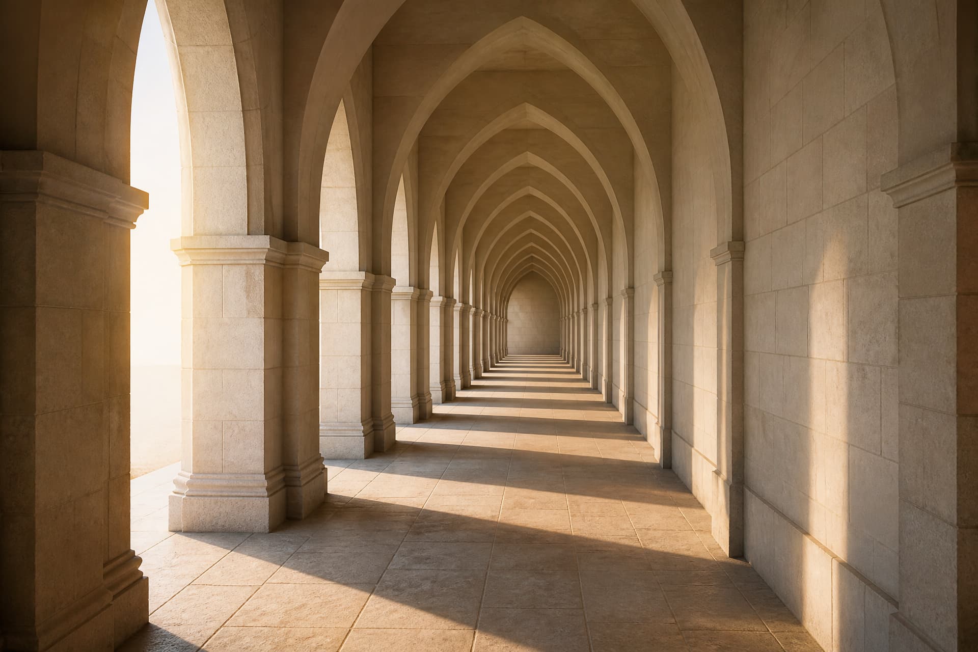 An empty stone colonnade of plain pointed arches at first light, long shadows falling in regular intervals down the length of the floor