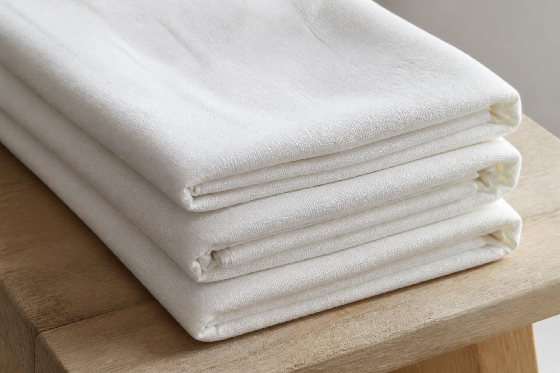 Folded plain undyed white cotton cloth stacked on a low wooden bench, soft daylight falling across it from one side