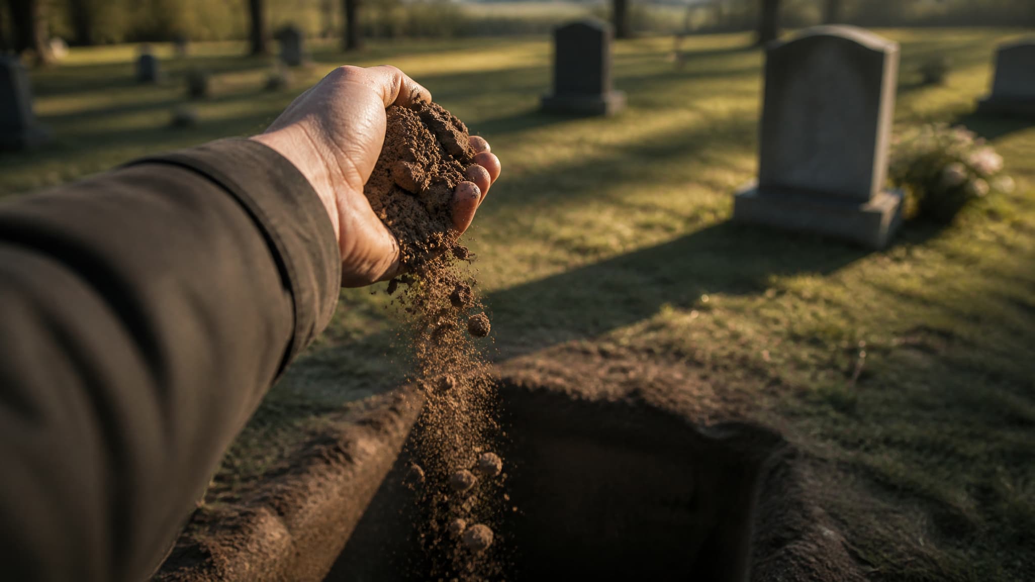 A hand releasing a small fall of dry earth over an open grave in a country cemetery, late afternoon light across the grass