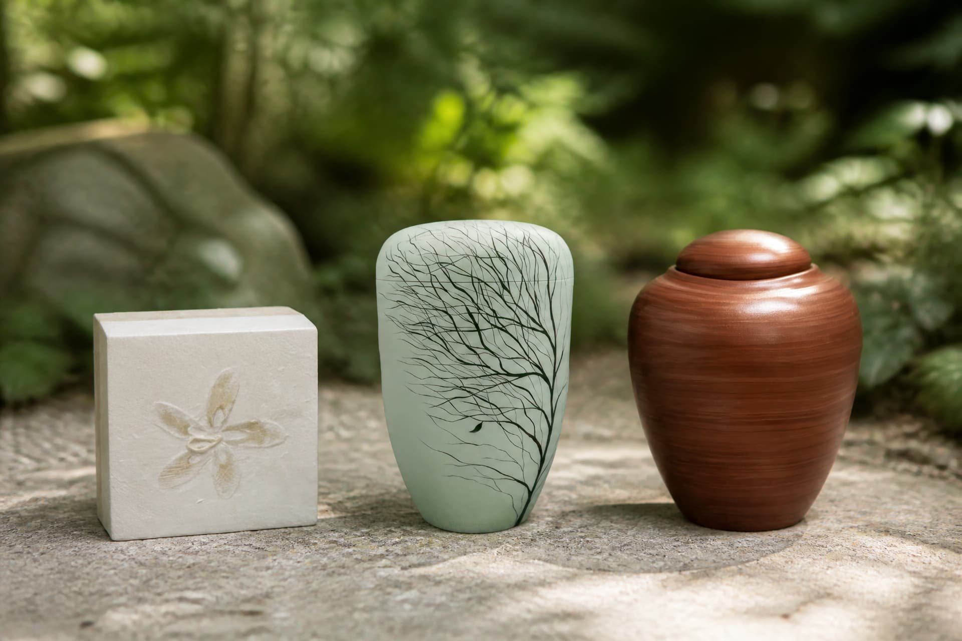Three biodegradable cremation urns standing on a stone path in a shaded garden โ a square white hemp block, a pale green urn printed with bare branches, and a rounded brown urn
