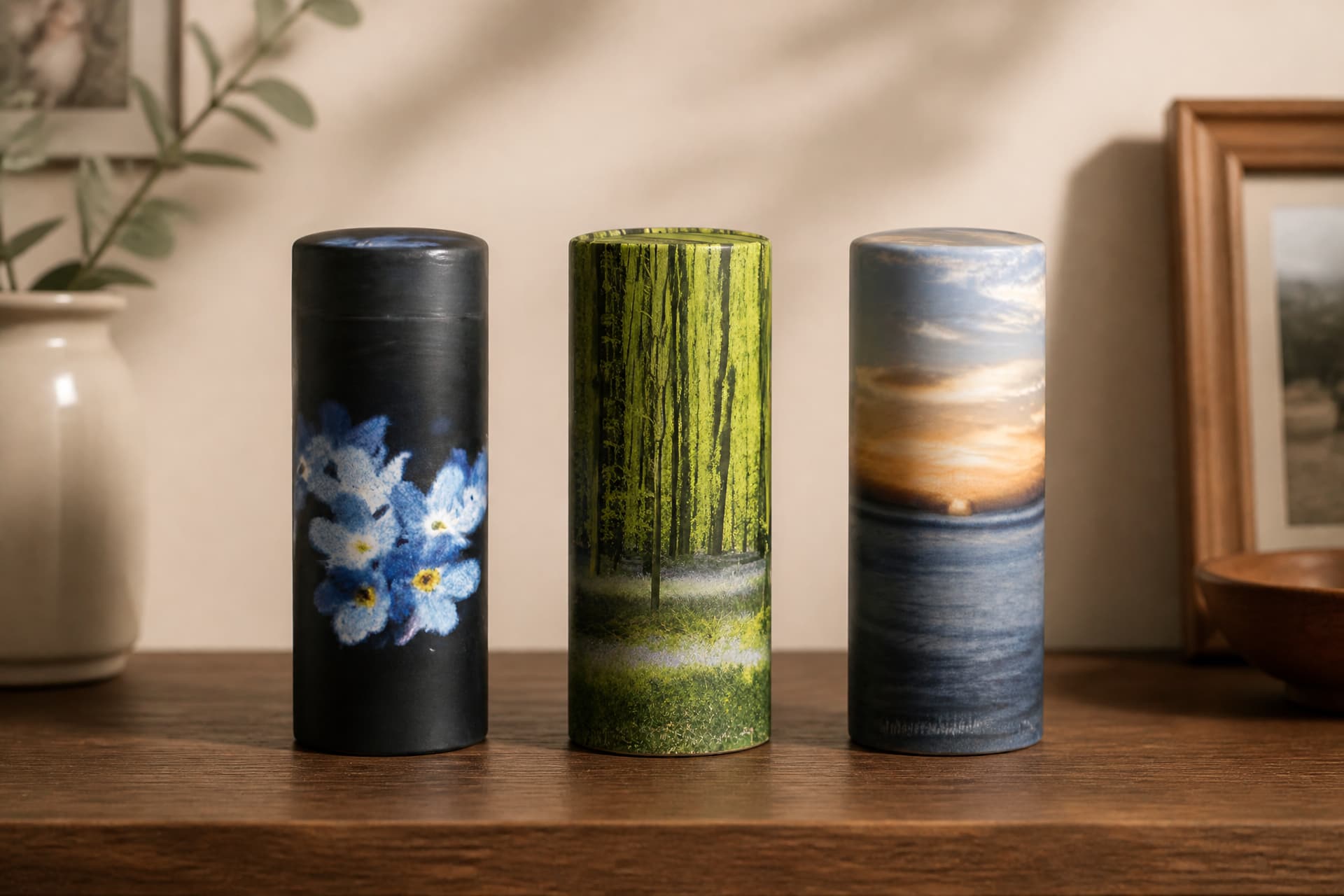Three cylindrical scattering urns standing side by side on a wooden mantel, each printed with a different scene โ forget-me-nots, a woodland, and a sunset over water