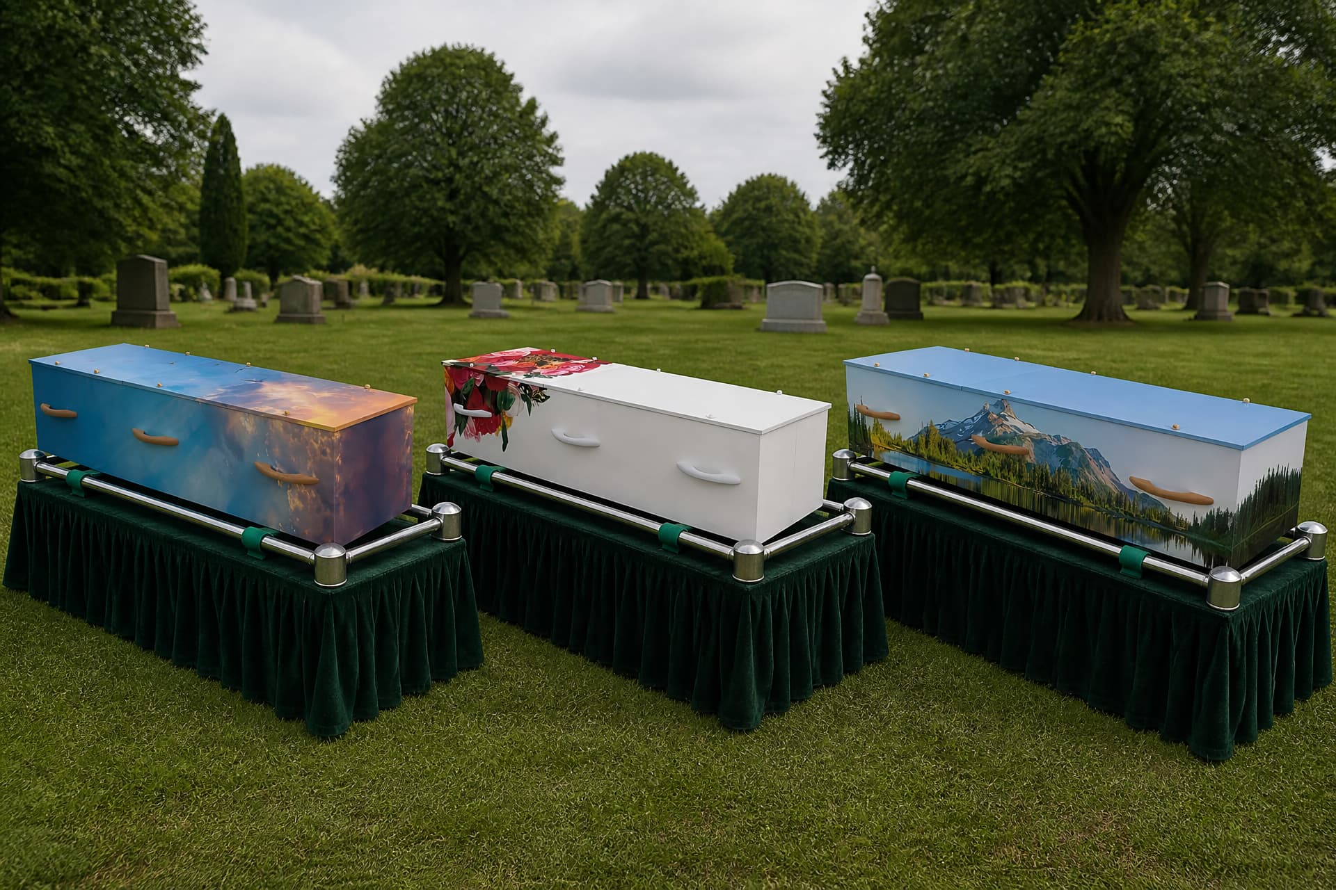 Three cremation caskets on draped biers in an overcast cemetery, one printed with a sunlit cloudscape, one white with a panel of red and pink roses at the head end, one with a mountain lake scene