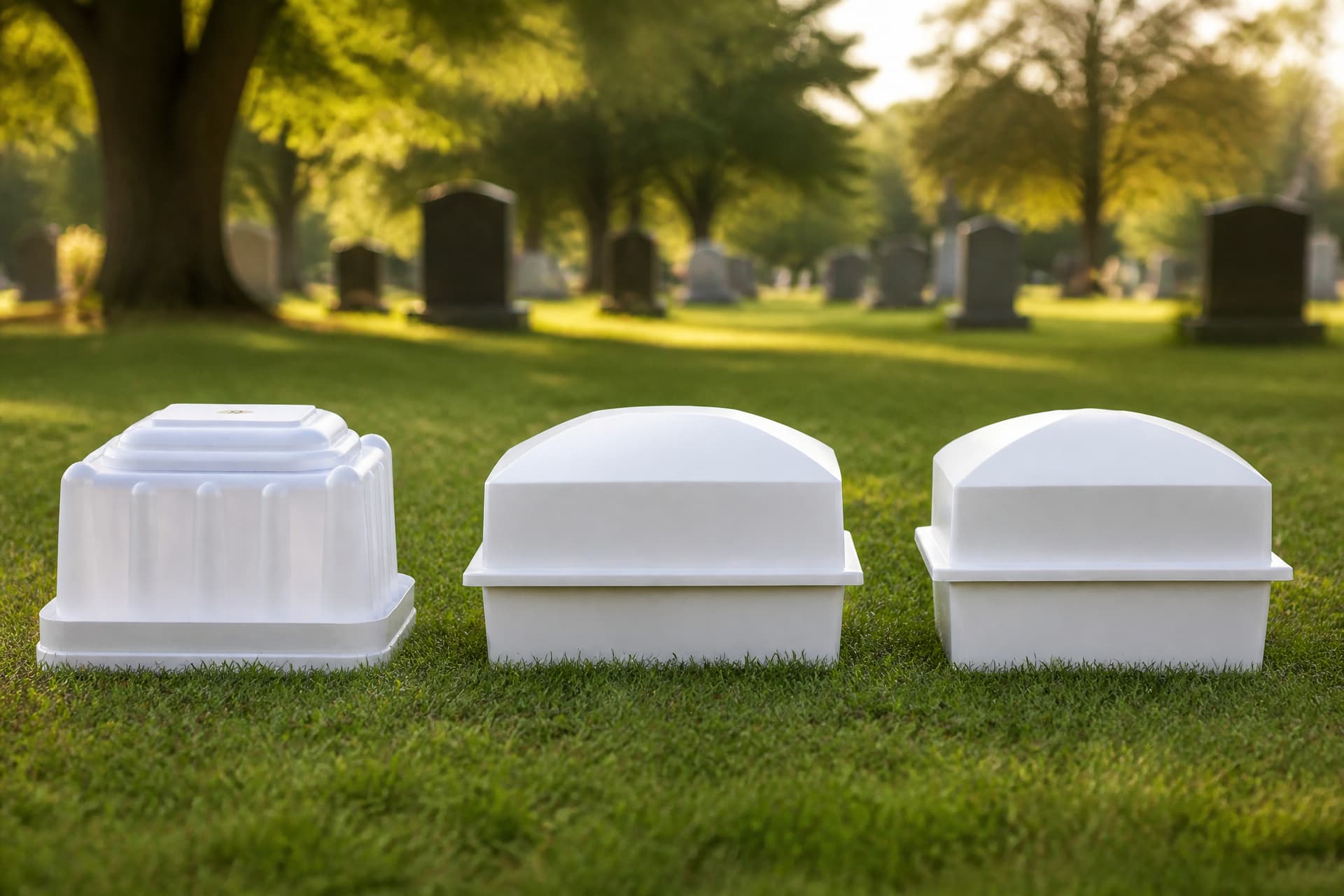 Three white cremation urn vaults set in a row on a sunlit cemetery lawn, the left one stepped and ribbed, the two on the right with smooth arched lids