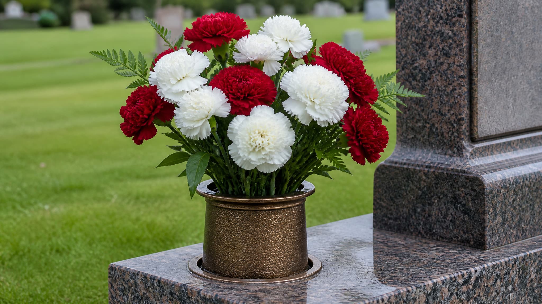 A bronze cemetery vase set into a granite headstone base holding a full arrangement of white and deep red carnations and green foliage, photographed close up in bright overcast light with the mown cemetery lawn soft behind