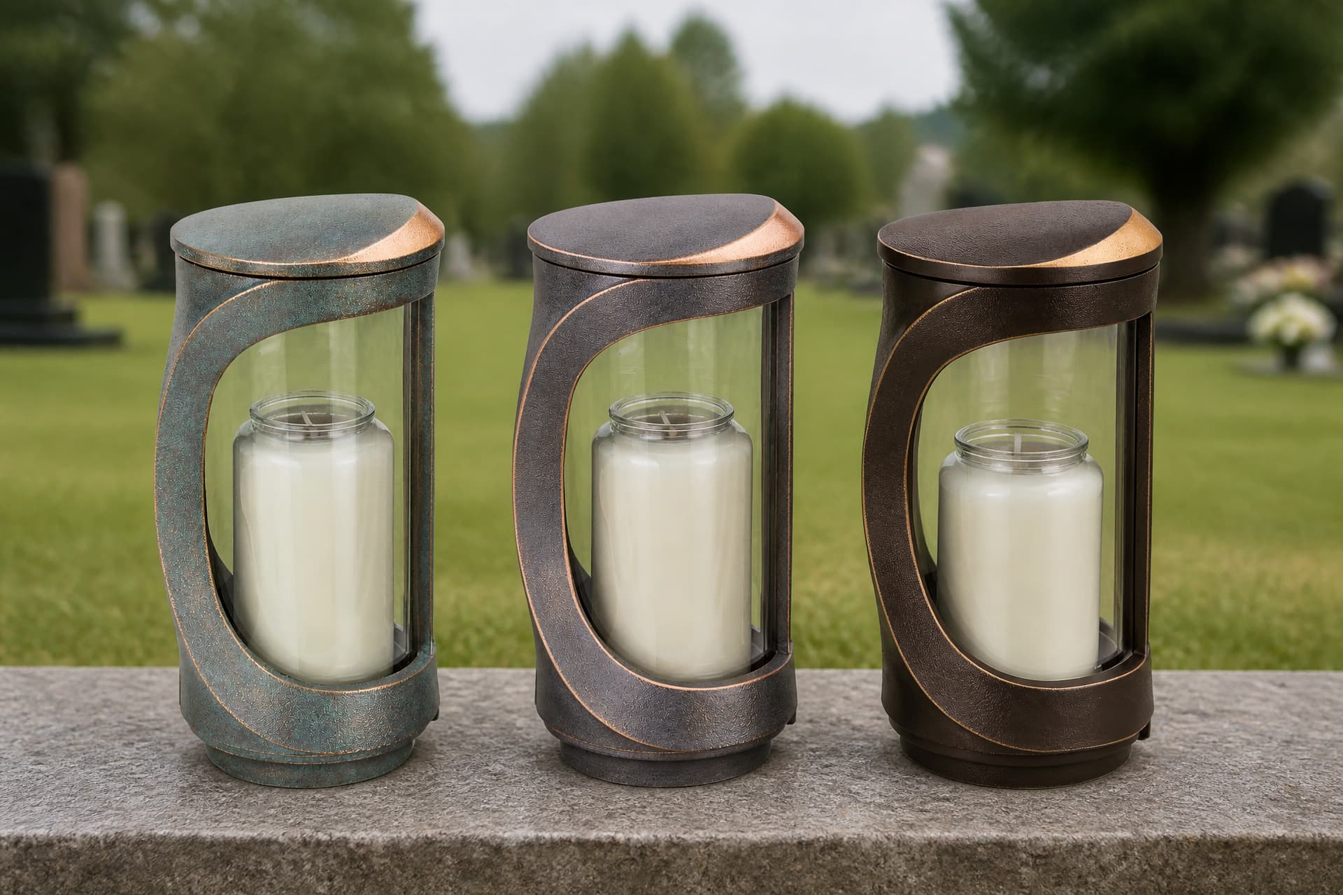 Three bronze-finish cemetery gravesite lamps standing in a row on a granite ledge, each with a glass panel showing a white candle inside, the cemetery lawn soft behind