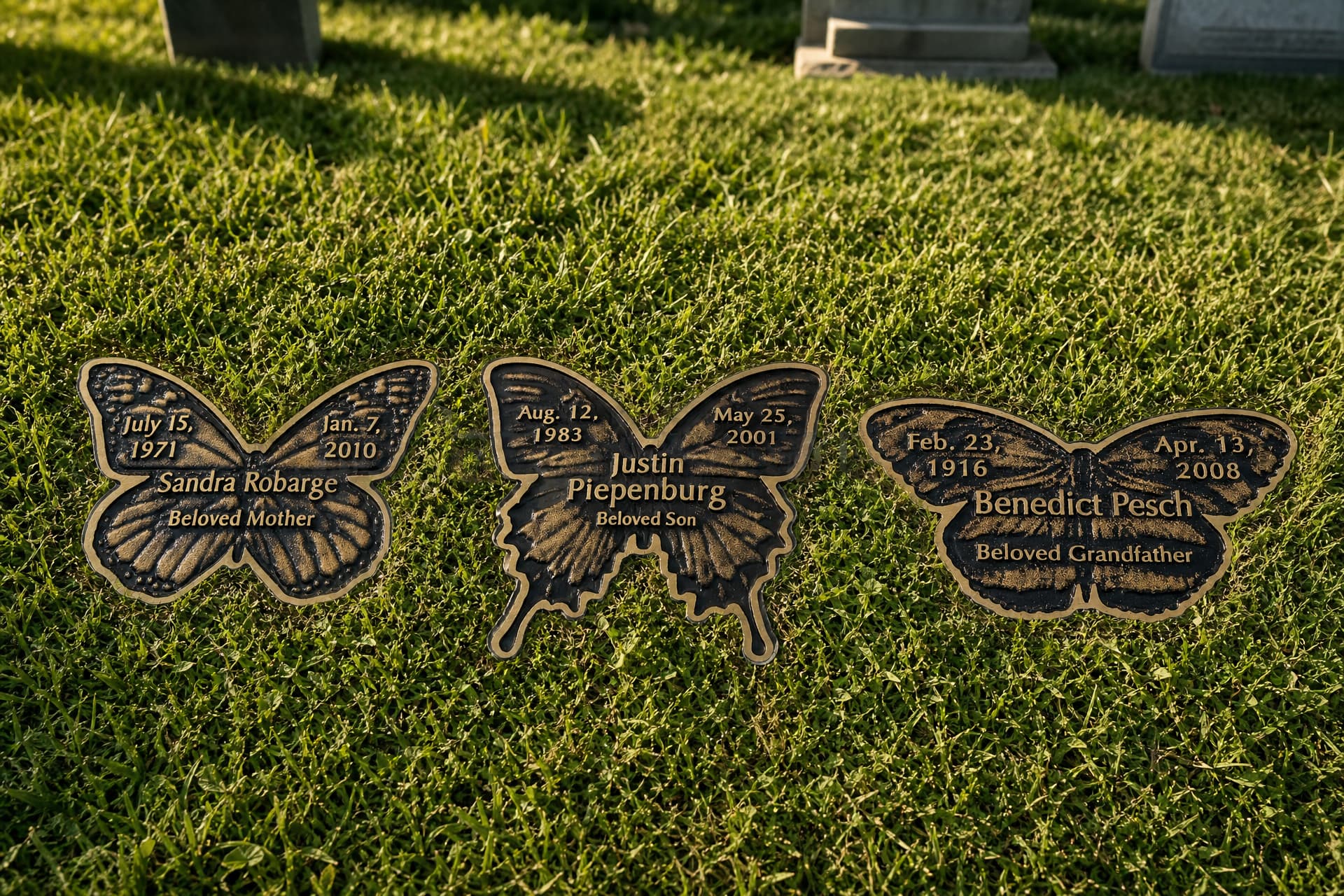 Three butterfly-shaped cast bronze grave markers set flush in mown cemetery grass, each carrying a name, dates and a line of tribute