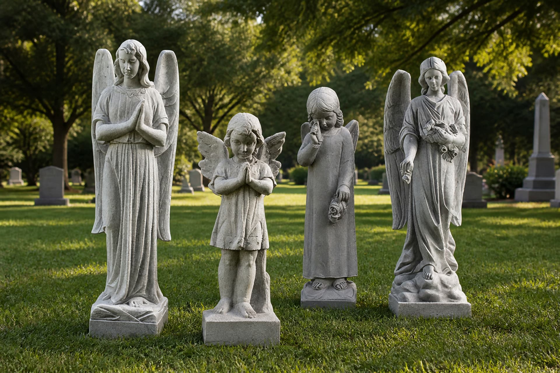 Four carved marble angel statues of different heights standing on a sunlit cemetery lawn, two adult figures with hands in prayer, a small child angel and a mourning figure holding flowers
