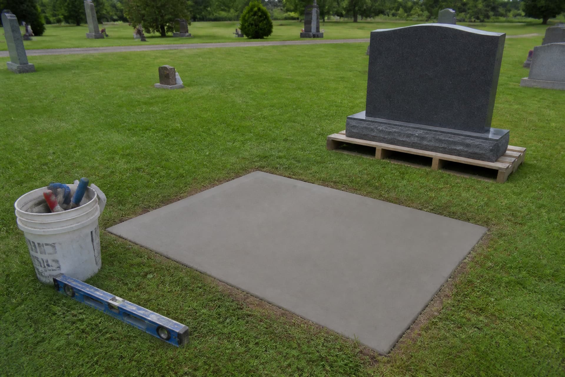 A freshly poured rectangular concrete monument foundation set flush in a mown cemetery lawn with the turf cut back around it, a mason's level and tools on the grass and an upright granite monument waiting on a pallet nearby