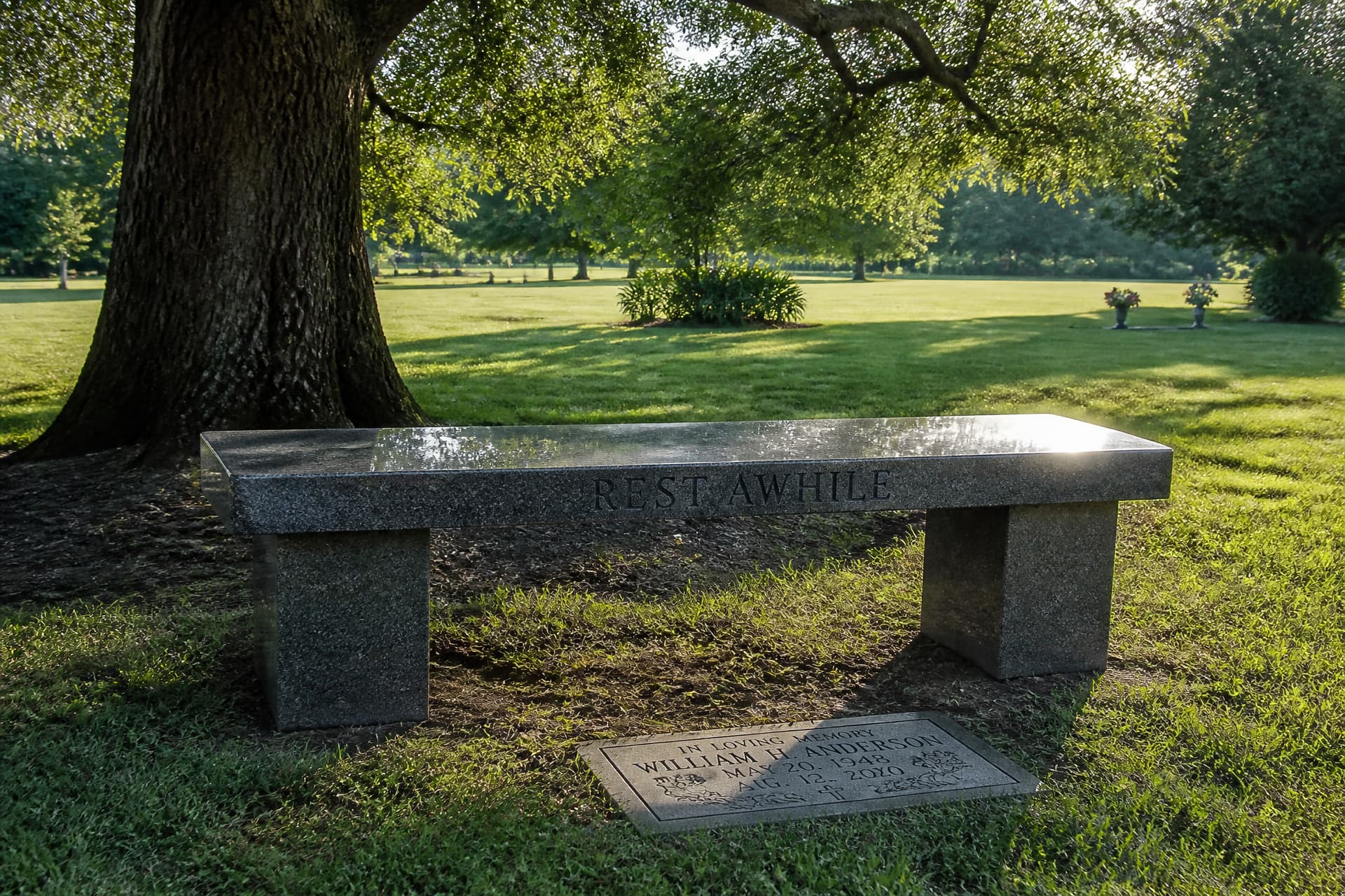 A polished granite memorial bench on a mown cemetery lawn beneath a mature oak, the words REST AWHILE cut into the front edge of the seat and a flat marker set in the turf just in front of it