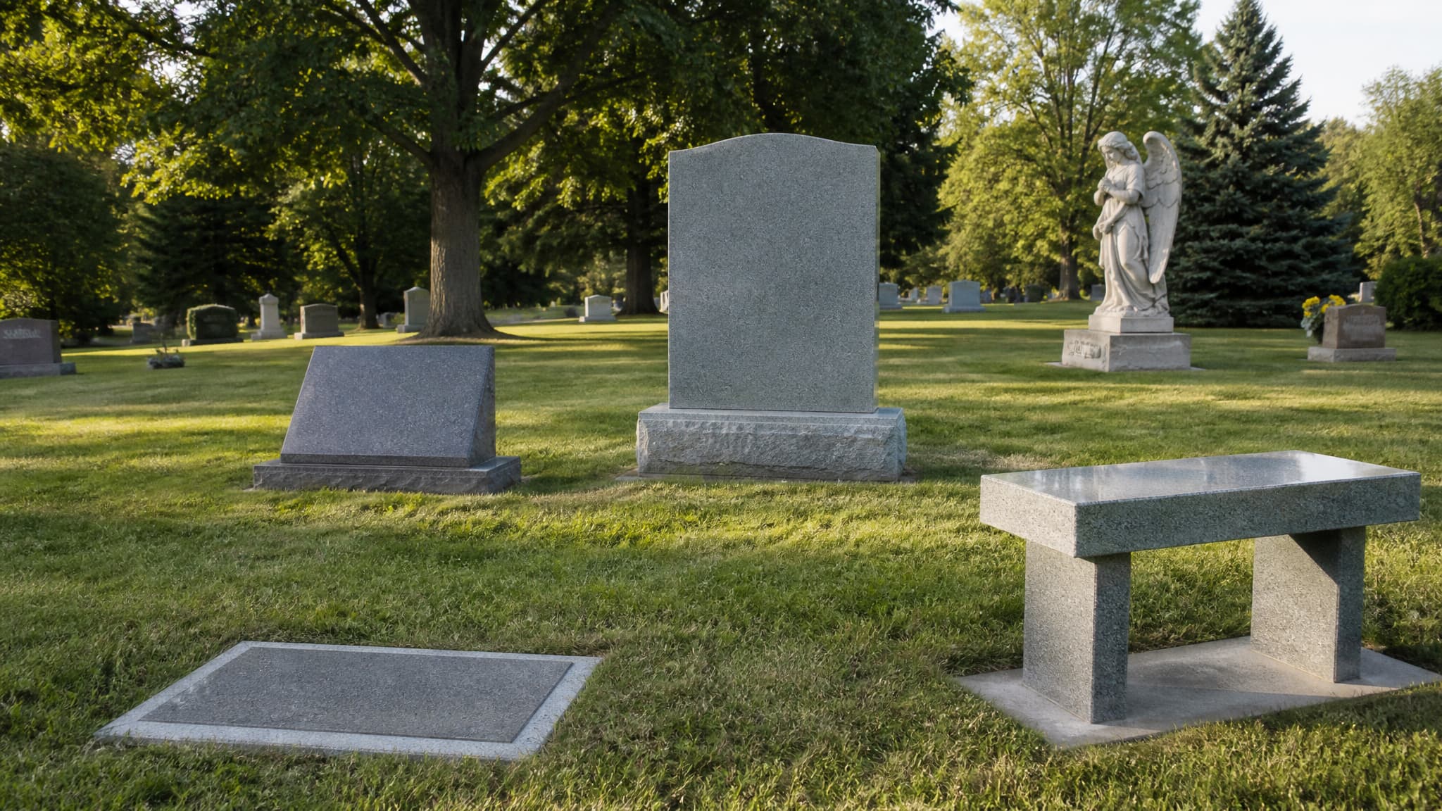 Six different cemetery memorial types arranged across a mown cemetery lawn in soft afternoon light: a tall upright granite monument, a slant marker, a flat flush marker, a granite bench, a carved stone angel and a wall of niche plaques behind them