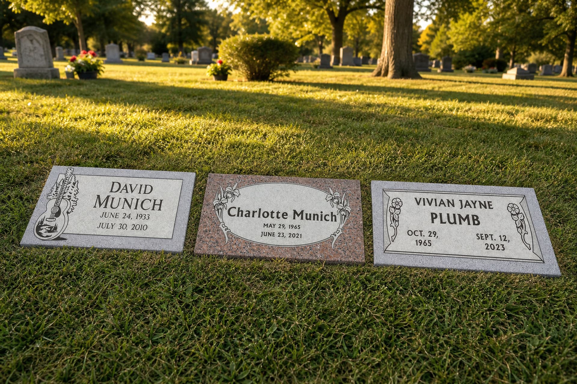 Three flat granite grave markers in gray and rose granite set level with a sunlit cemetery lawn, each carved with a name, dates and a different decorative border