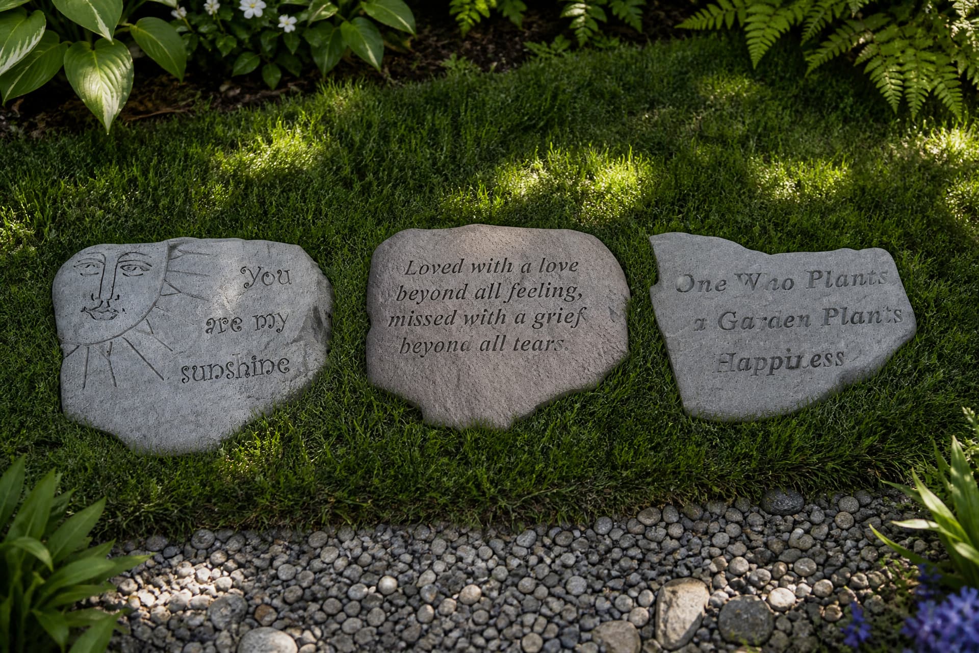 Three engraved memorial garden stones laid in moss and planting beside a pebble path, each carved with a different inscription