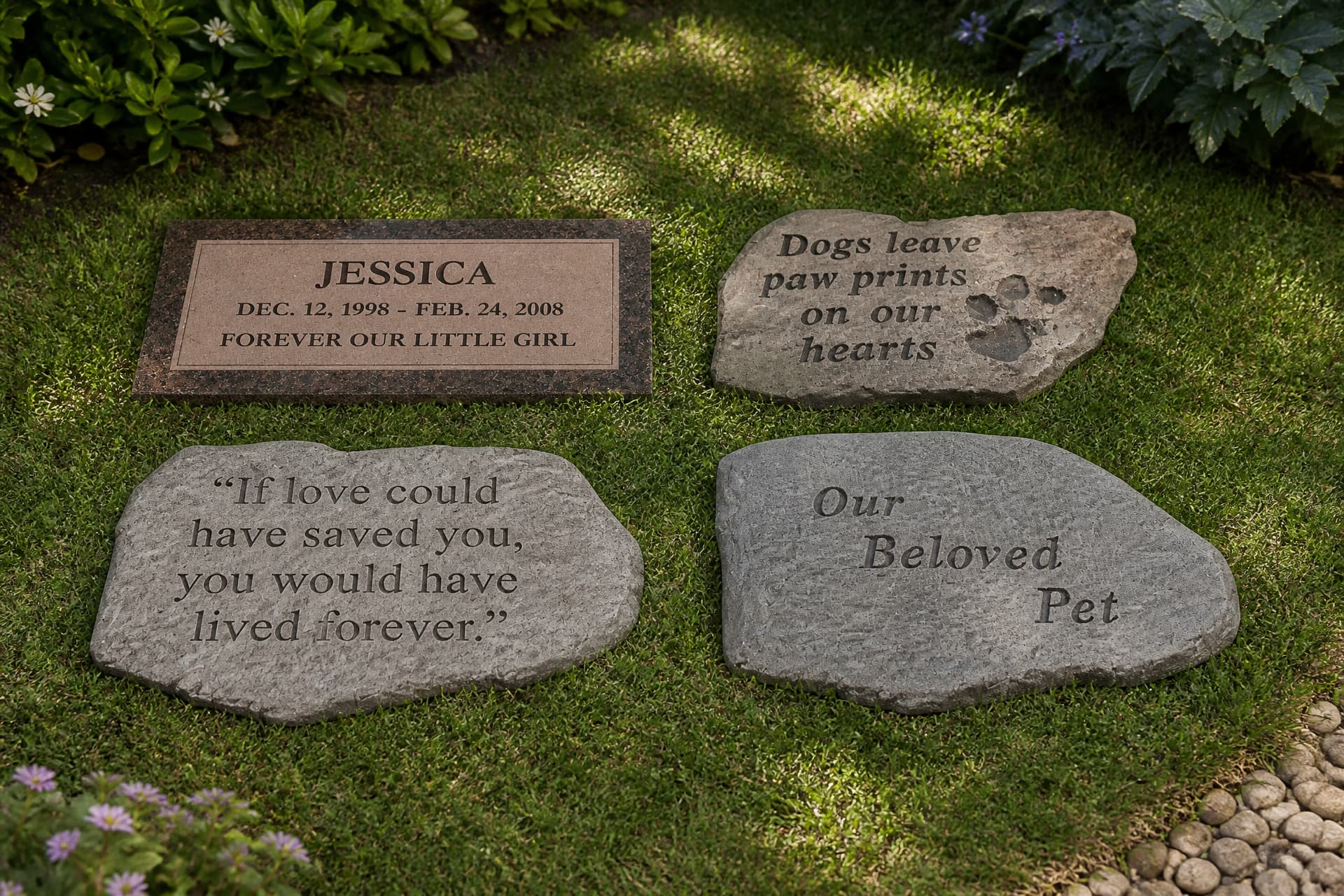 Engraved pet memorial crosses, plaques and stones arranged on a wooden surface