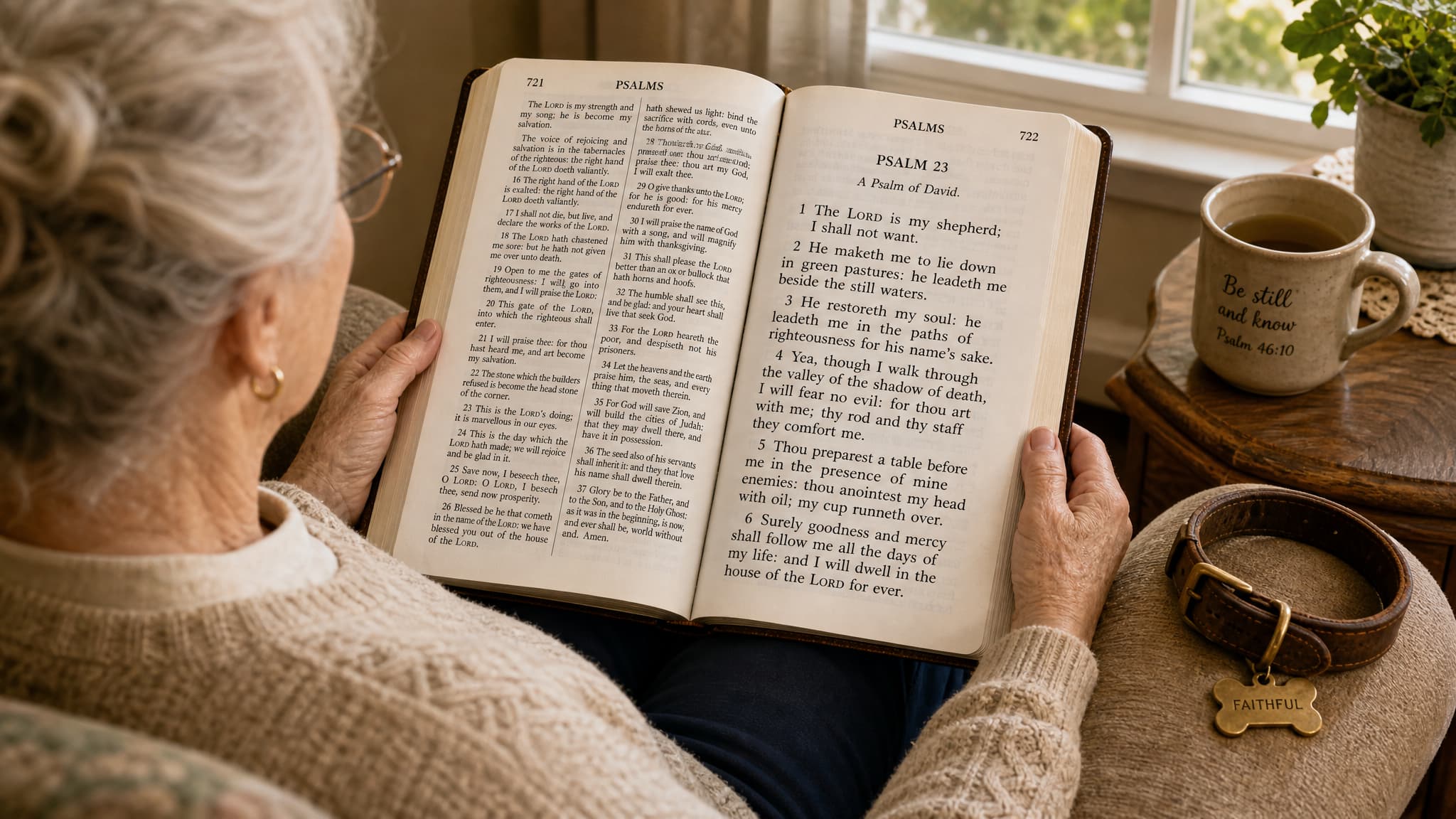 An open book on a windowsill in soft morning light beside a dog's collar, photographed from a low angle