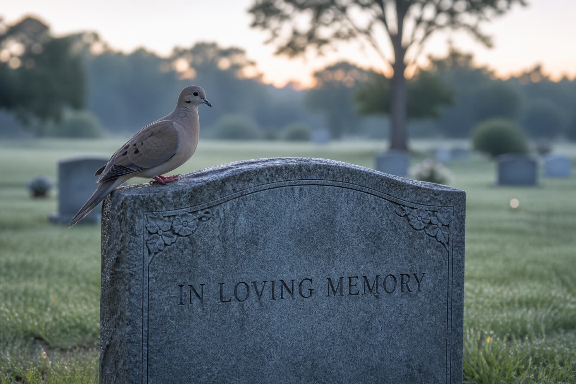 A mourning dove perched on the shoulder of a weathered granite headstone at first light, with a soft-focused cemetery lawn behind it