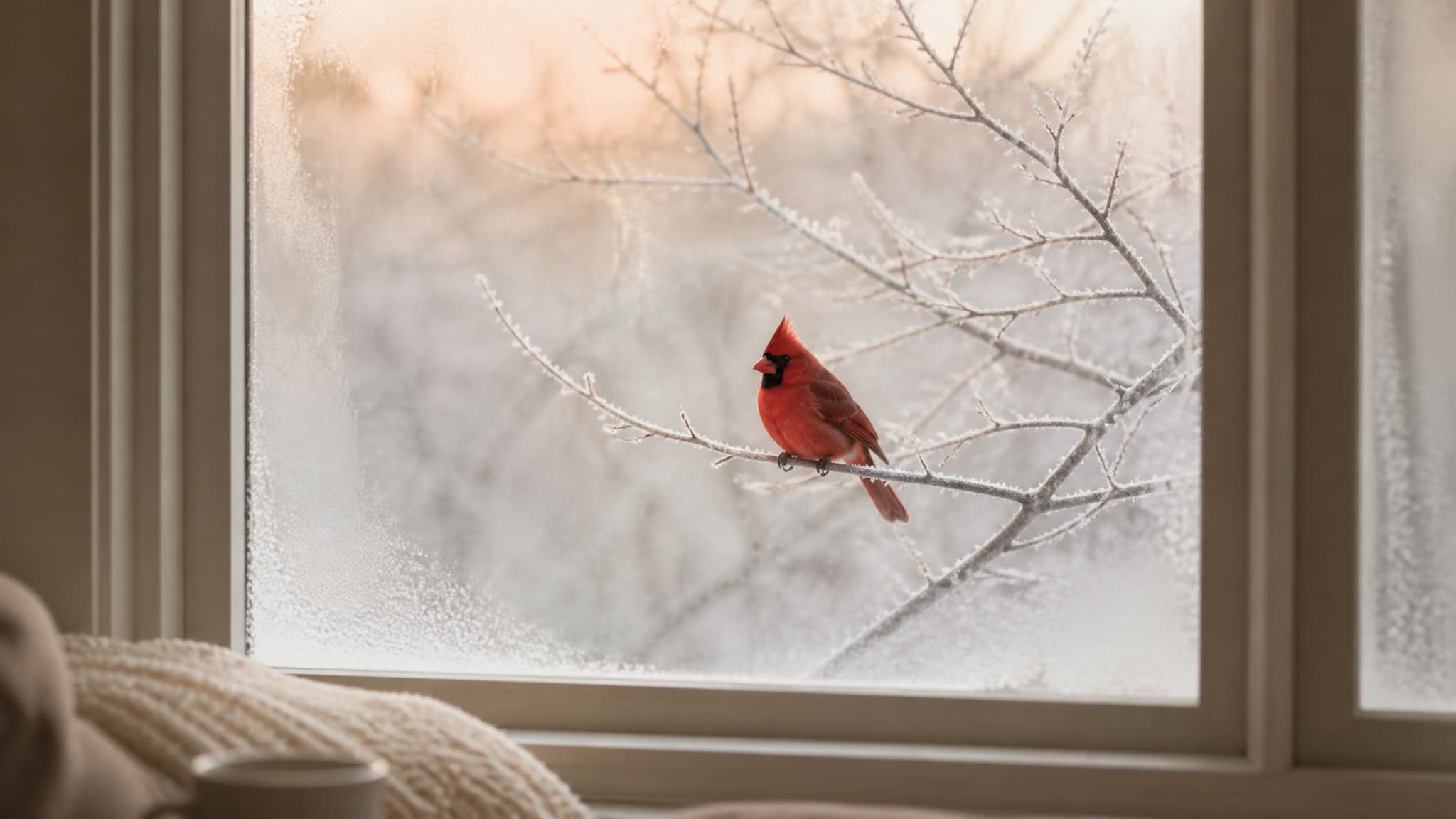 A red cardinal perched on a frost-covered branch outside a misted window, seen from inside a quiet room