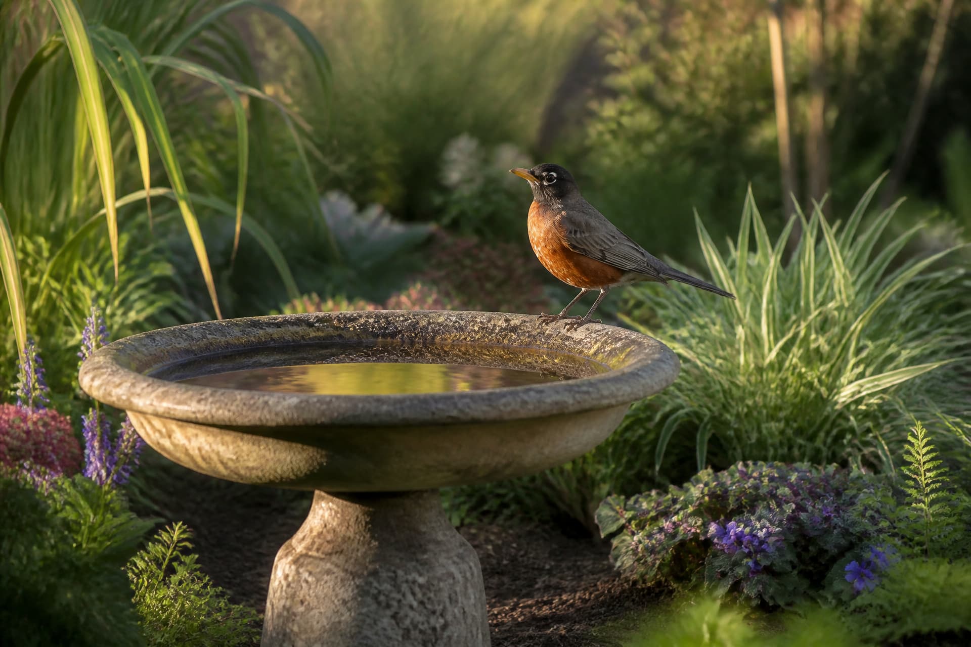 A shallow stone bird bath in a small planted remembrance garden with a robin on its rim in low afternoon light