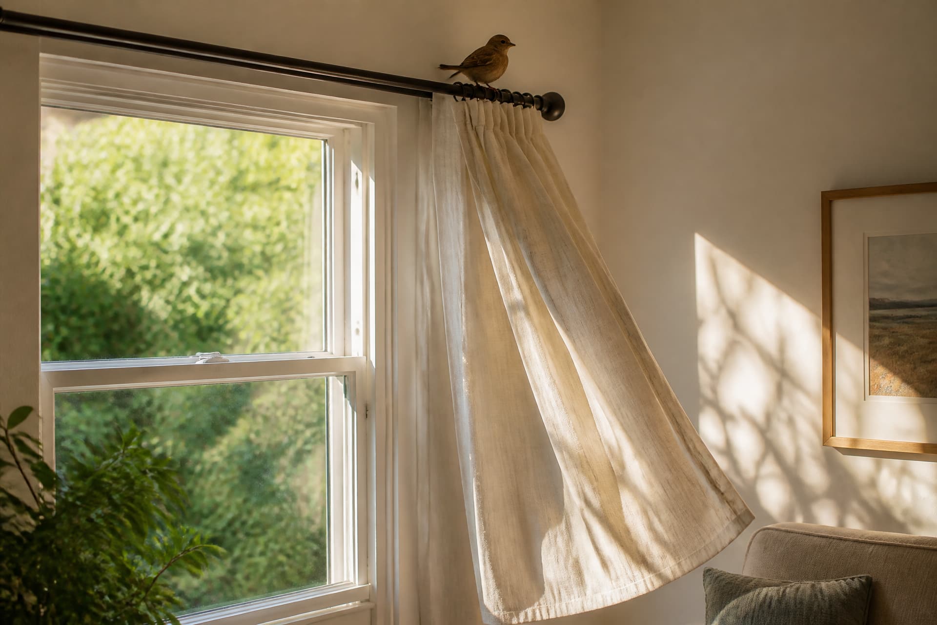 A small brown songbird perched on a curtain rail inside a sunlit living room with a sash window open behind it