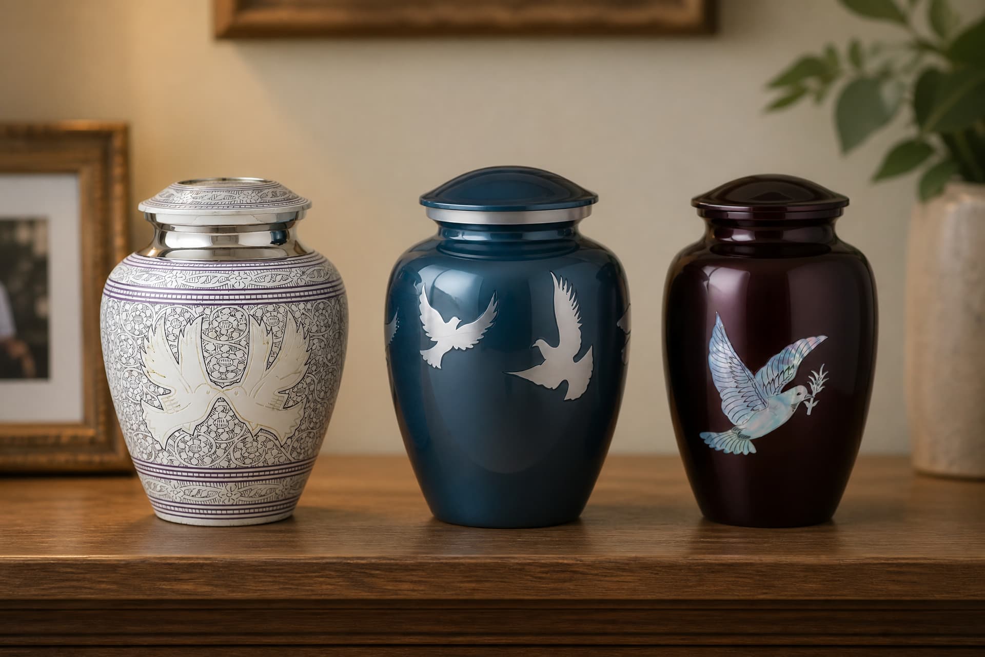 Three metal cremation urns on a wooden shelf โ an etched silver and lavender urn with a pair of doves, a slate-blue one with silver doves in flight, and a burgundy one with a mother-of-pearl dove
