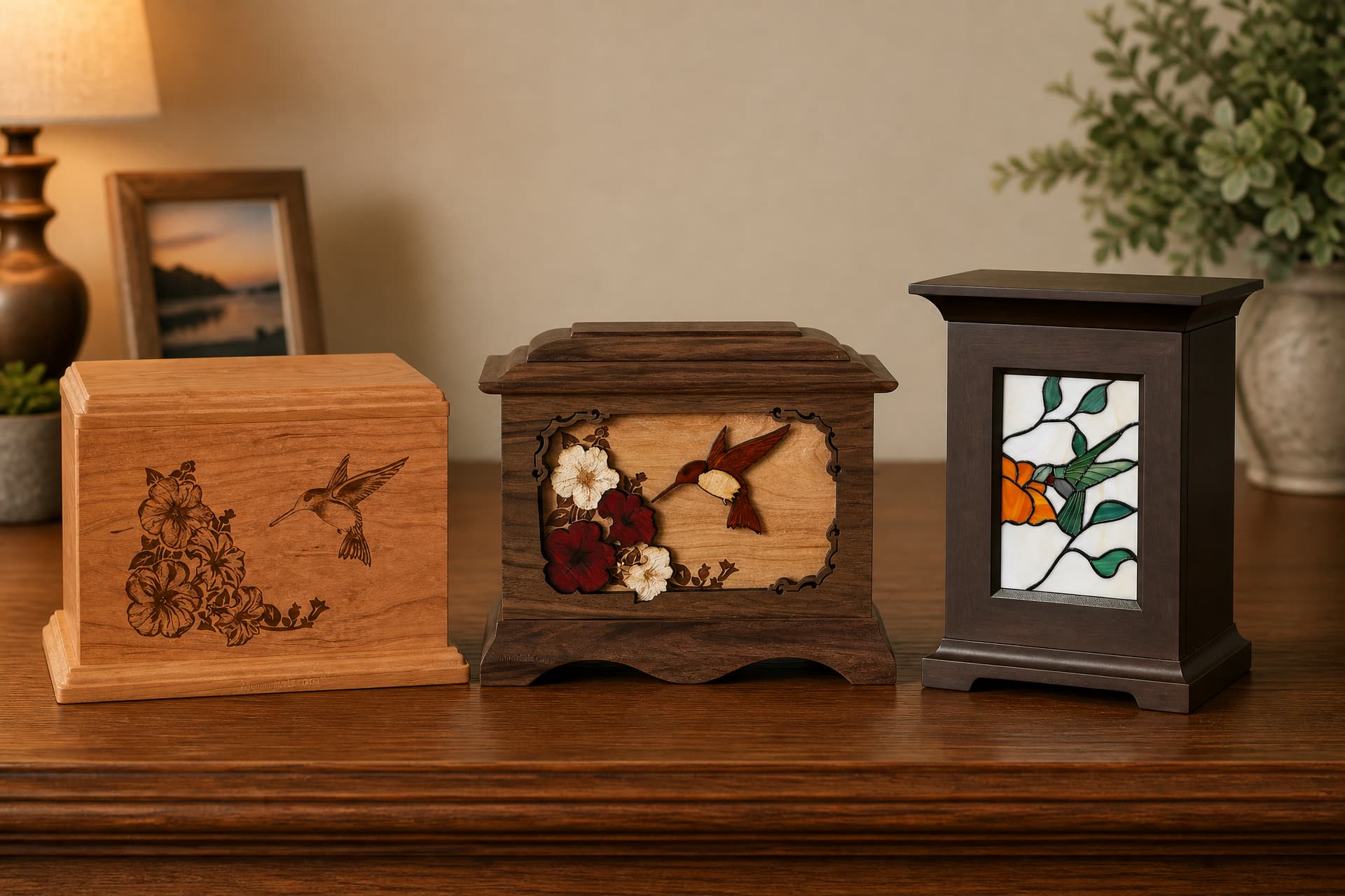 Three wooden cremation urns on a shelf โ an engraved cherry box, a walnut one with a raised marquetry hummingbird panel, and a dark stained one holding a leaded stained glass hummingbird