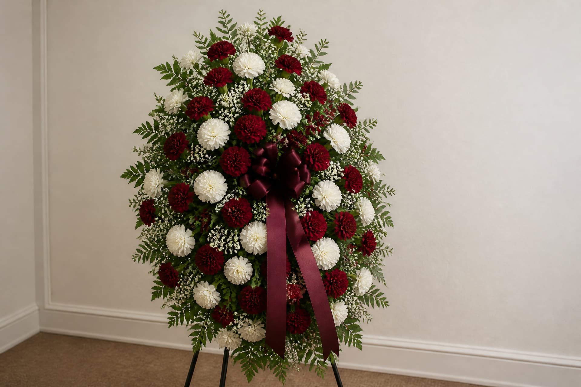 A dense funeral spray of dark red and white carnations on a stand against a plain pale wall in a quiet room