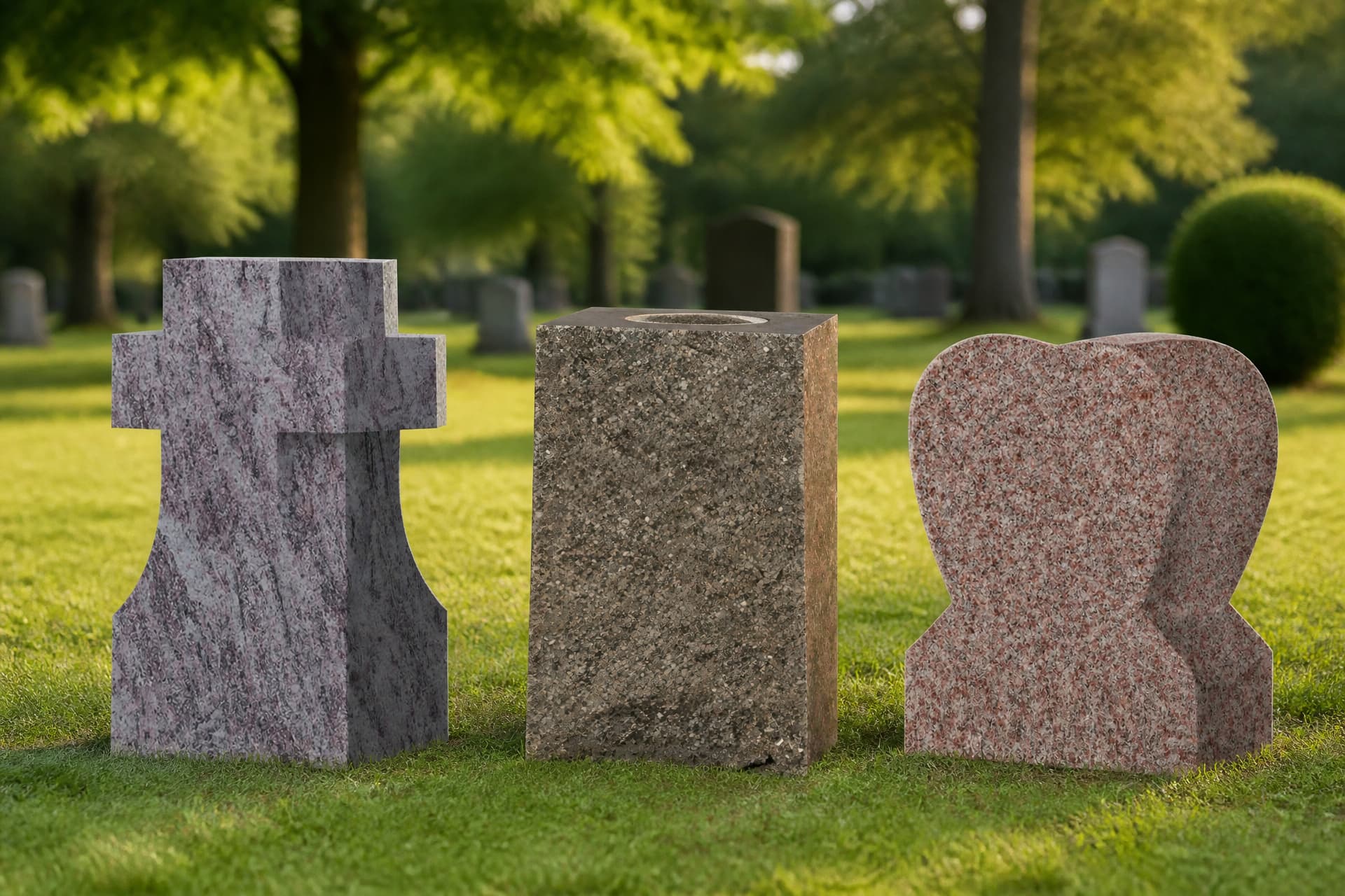 Three upright granite cemetery vases โ a blue-gray cross, a rough-hewn mahogany block and a rose heart โ standing on a mown cemetery lawn in late-afternoon light