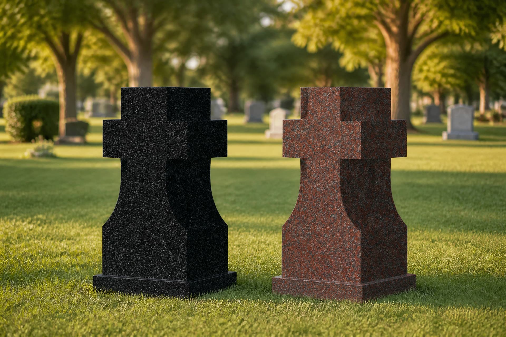 Two upright cross-topped granite cemetery vases, one black and one red, standing side by side on a mown cemetery lawn