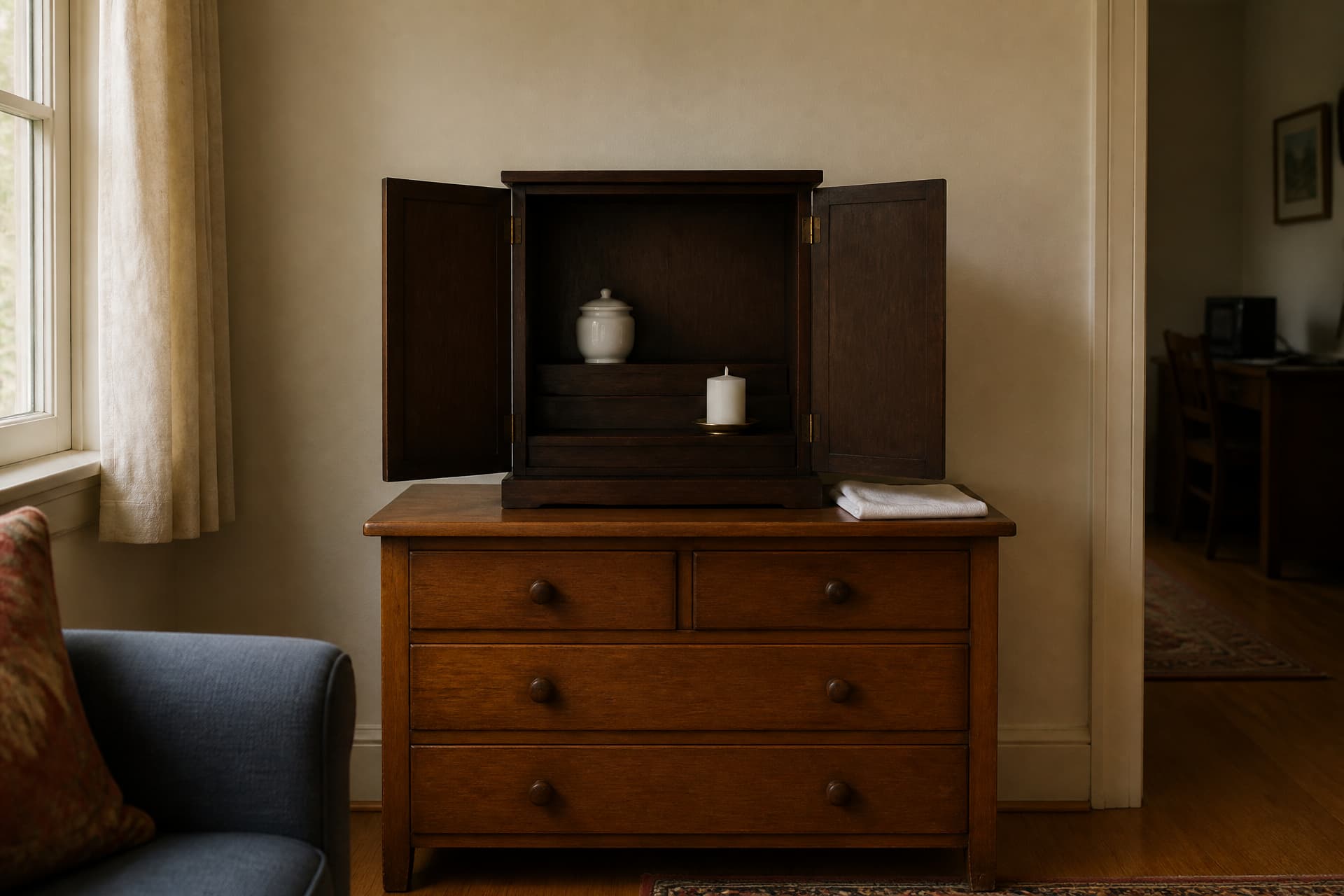 A small wooden home altar with its doors open holding a plain closed vessel and an unlit candle