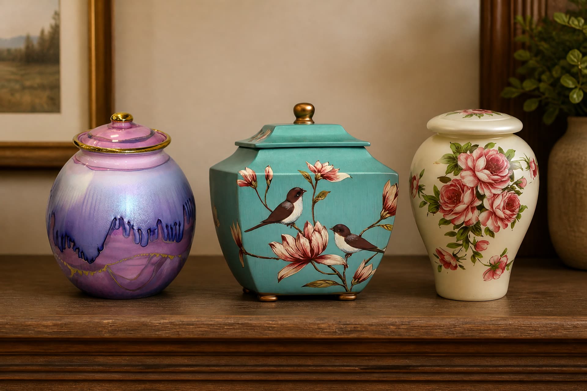 Three lidded ceramic cremation urns standing side by side on a wooden shelf β a rounded purple jar with a gold rim, a square teal jar painted with birds and magnolia, and a cream jar with a spray of pink roses