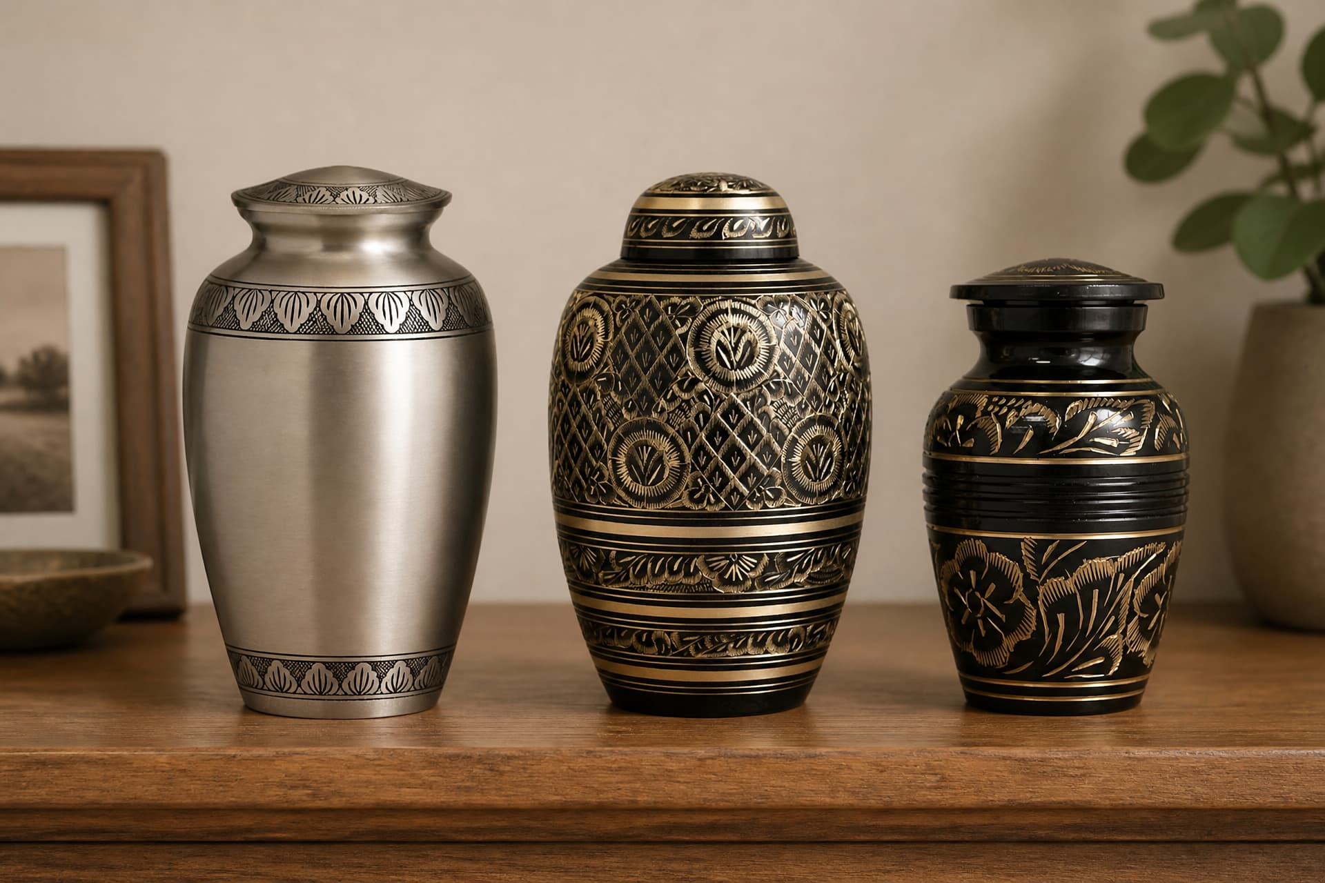 Three lidded keepsake urns of different finishes grouped on a wooden shelf β brushed pewter, black and gold with raised medallions, and black with gold floral engraving