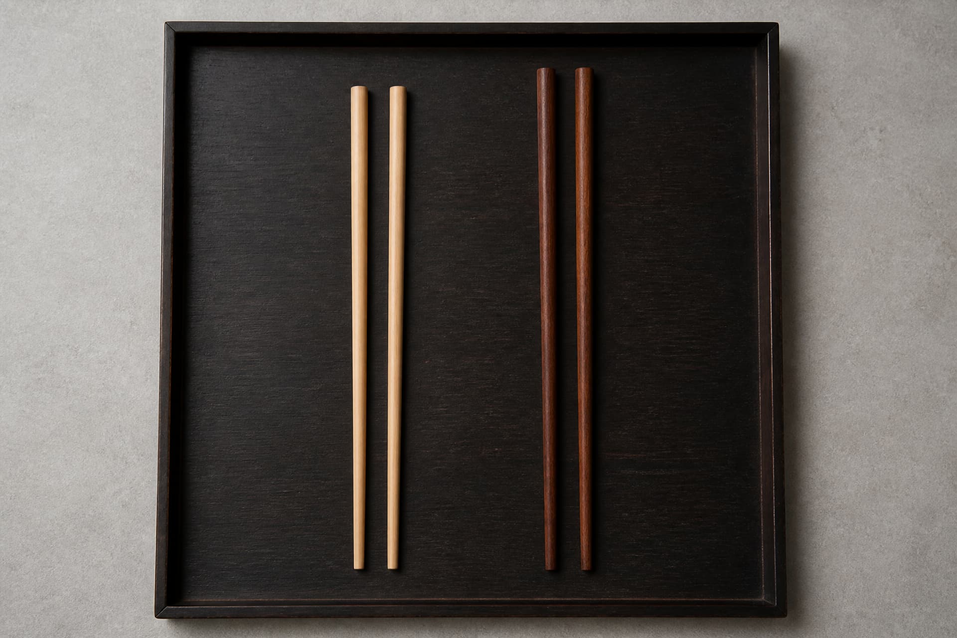 Two pairs of long ritual chopsticks made from different woods laid parallel on a dark lacquered tray