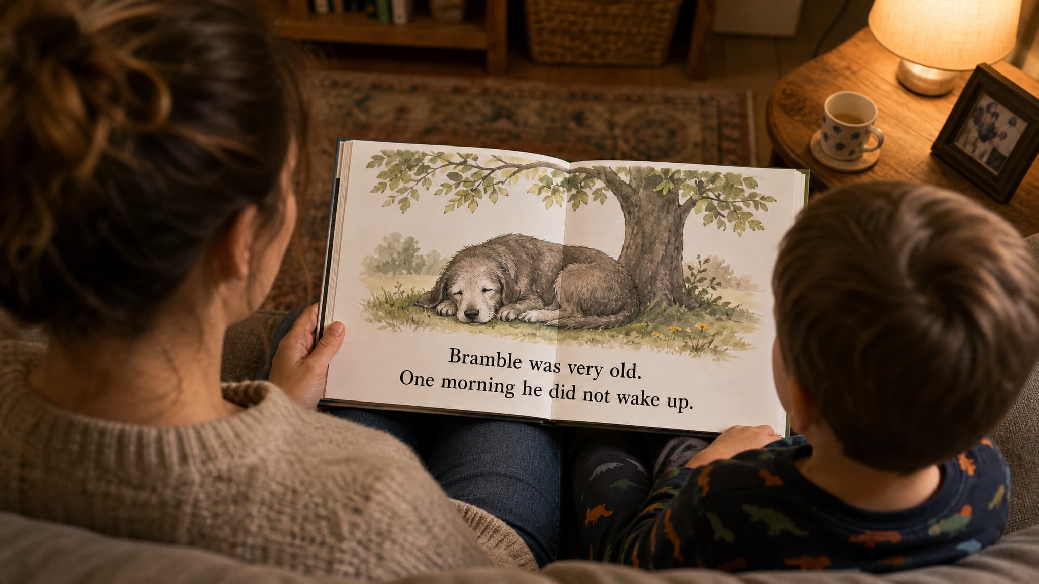 An adult and a child sitting close together on a sofa with a picture book open between them, seen from behind