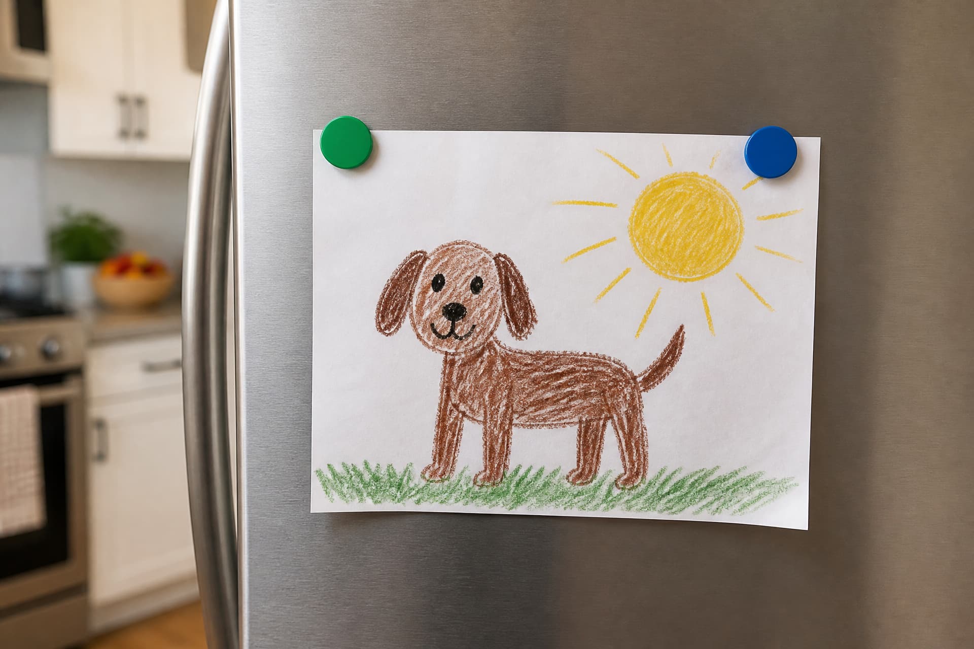 A childβs crayon drawing of a brown dog under a yellow sun, held to a fridge door by magnets