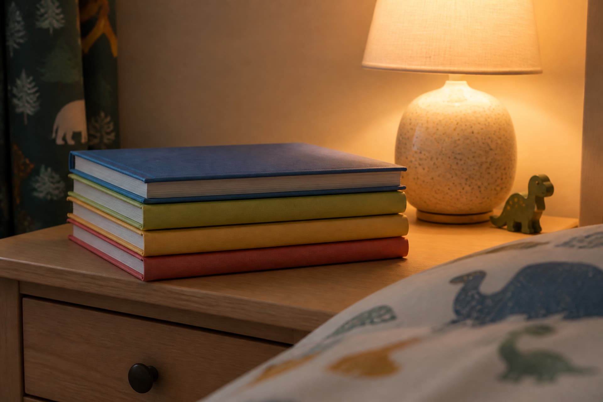 A stack of hardback picture books on a child's bedside table with a lamp on