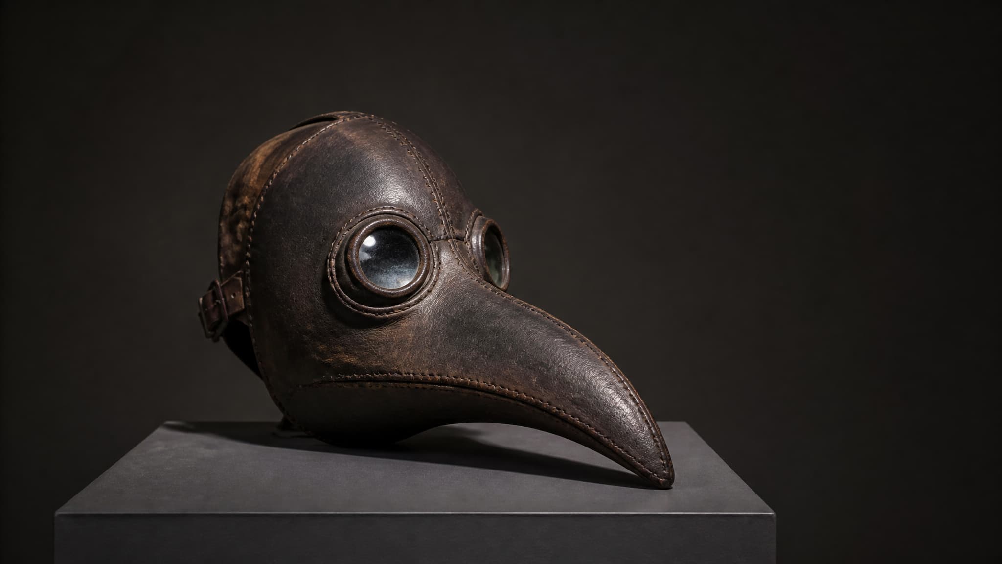 A dark leather beaked plague doctor mask displayed on a low museum plinth in raking gallery light, its round glass eyepieces catching a single highlight